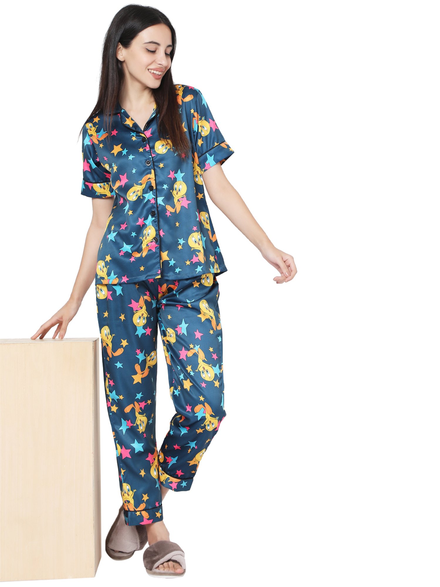 Smarty Pants Blue Satin Print Shirt With Pyjamas
