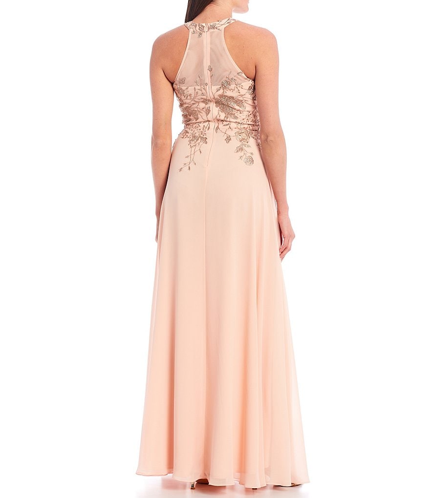 Betsy & Adam Halter Floral Embroidered Chiffon Gown