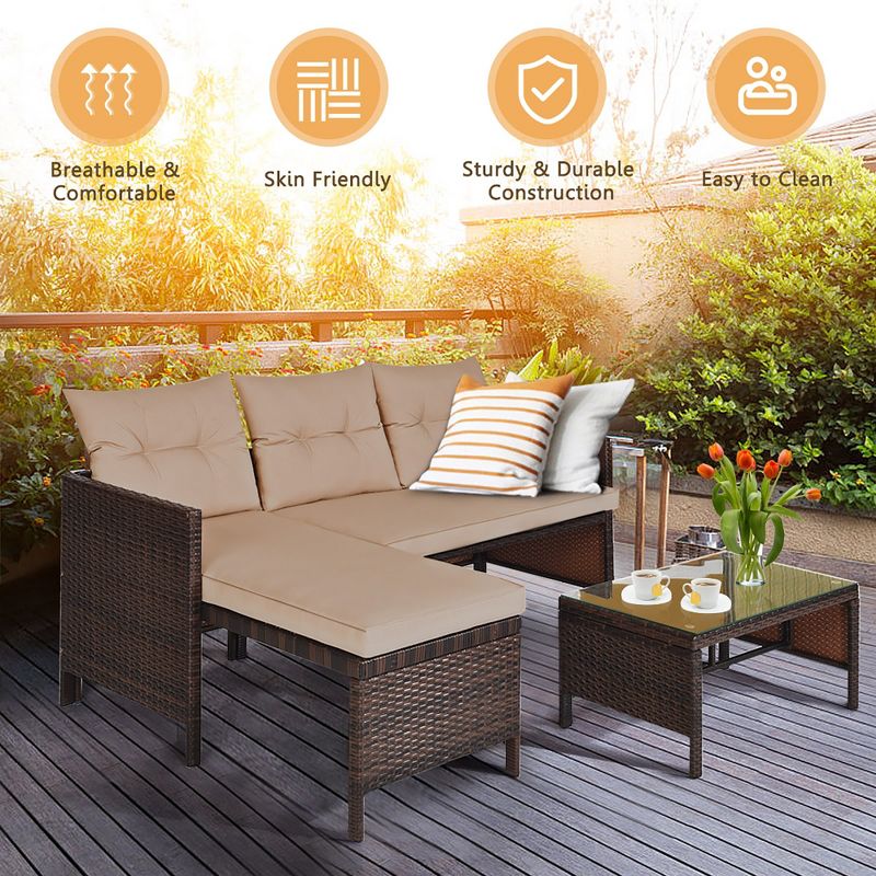 Costway 3PCS Patio Wicker Rattan Sofa Set Outdoor Sectional Conversation Set Garden Lawn