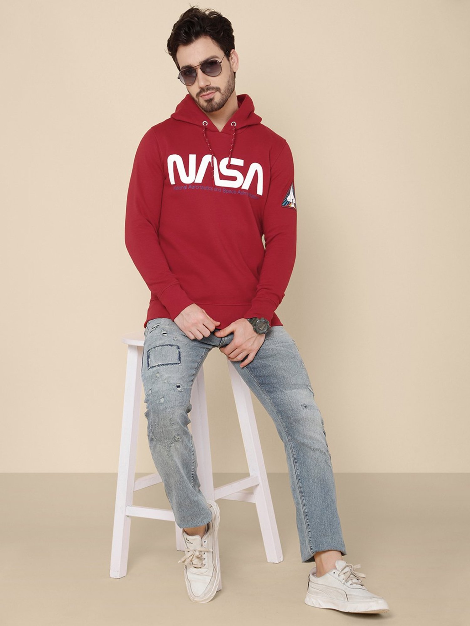 Free Authority Red Regular Fit Nasa Printed Hooded Sweatshirt