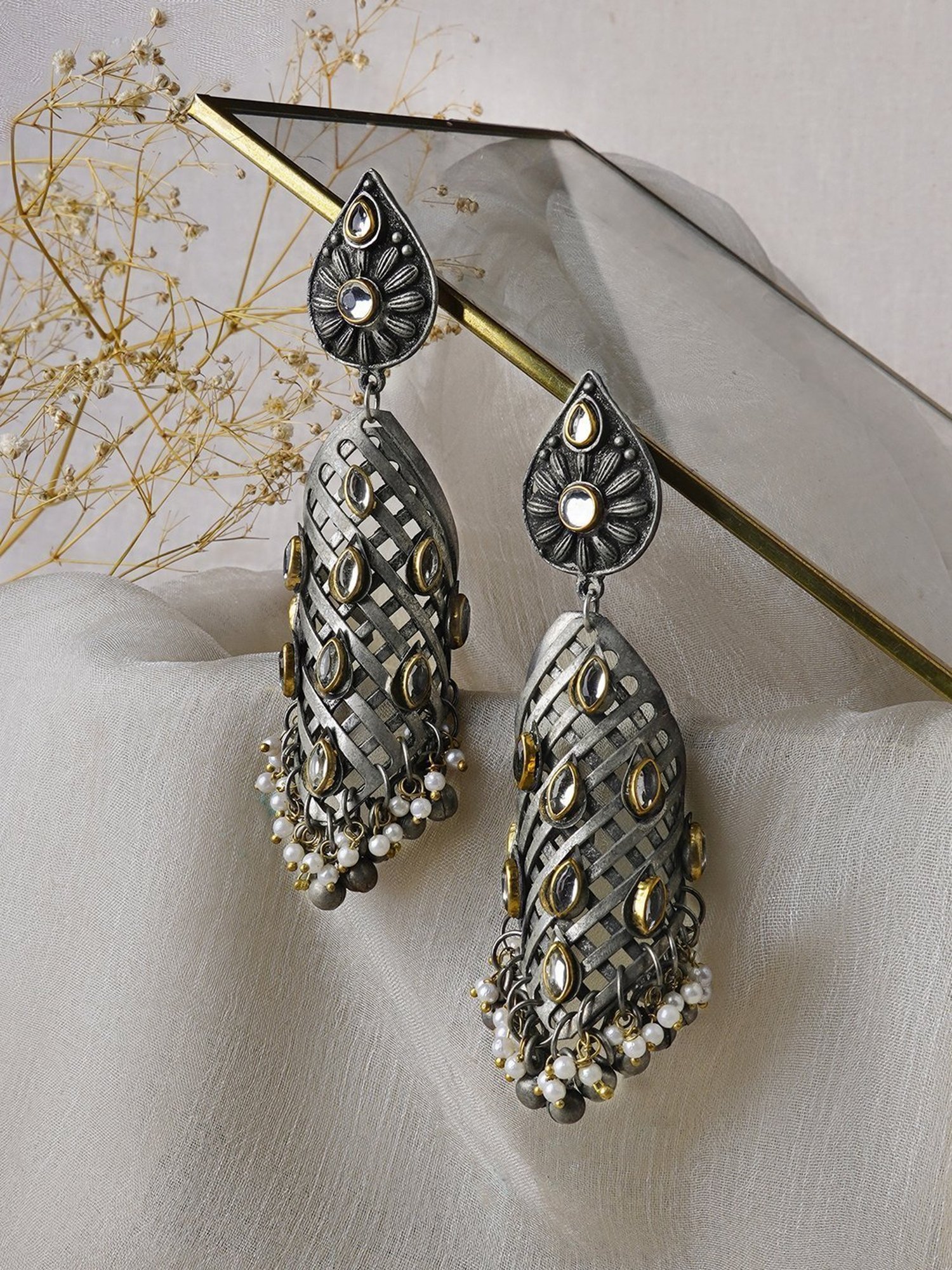 Teejh Ethnic Aaravi Peacock Silver-Gold Dangler Earring