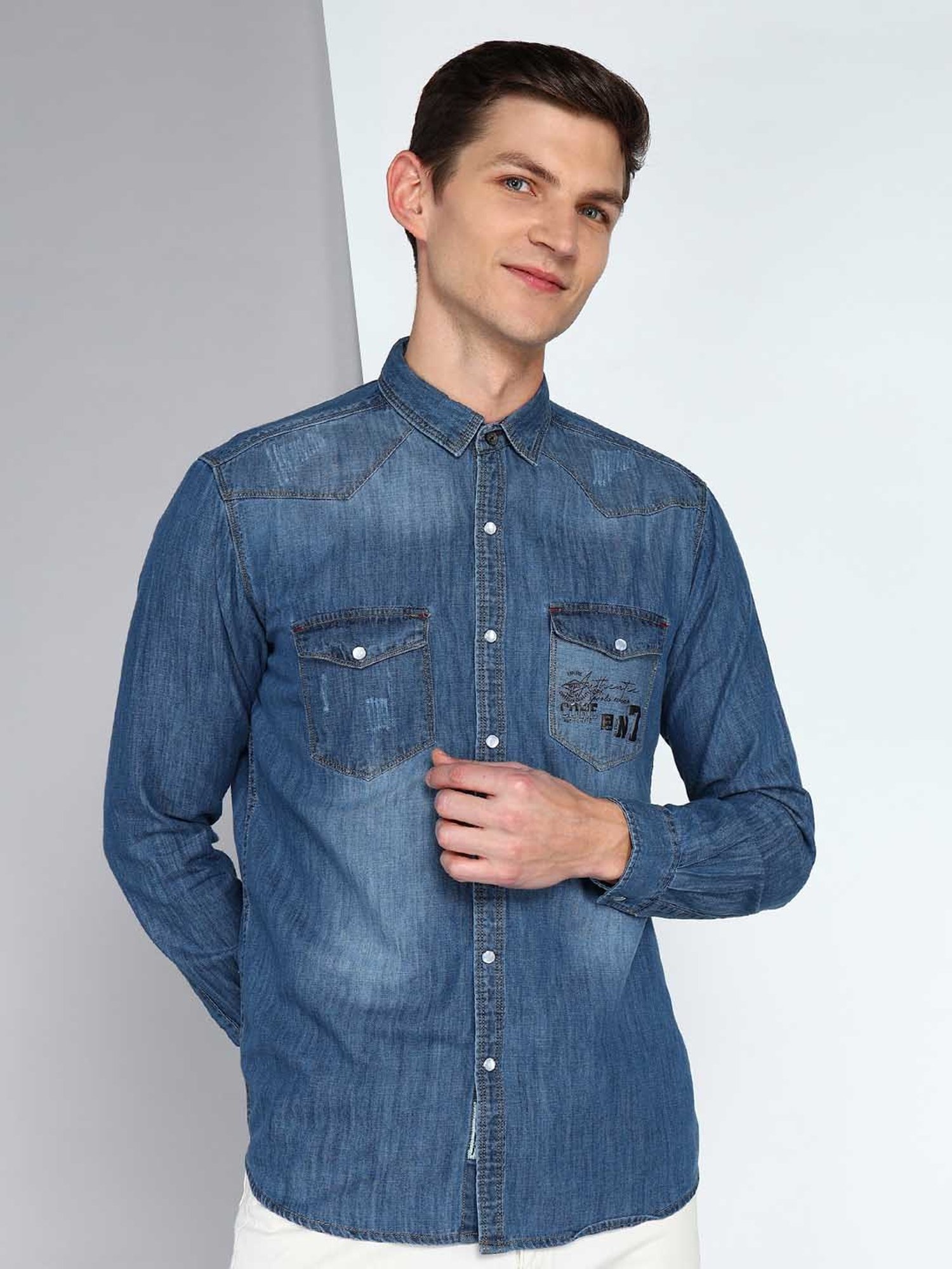 Kuons Avenue Blue Slim Fit Distressed Denim Shirt