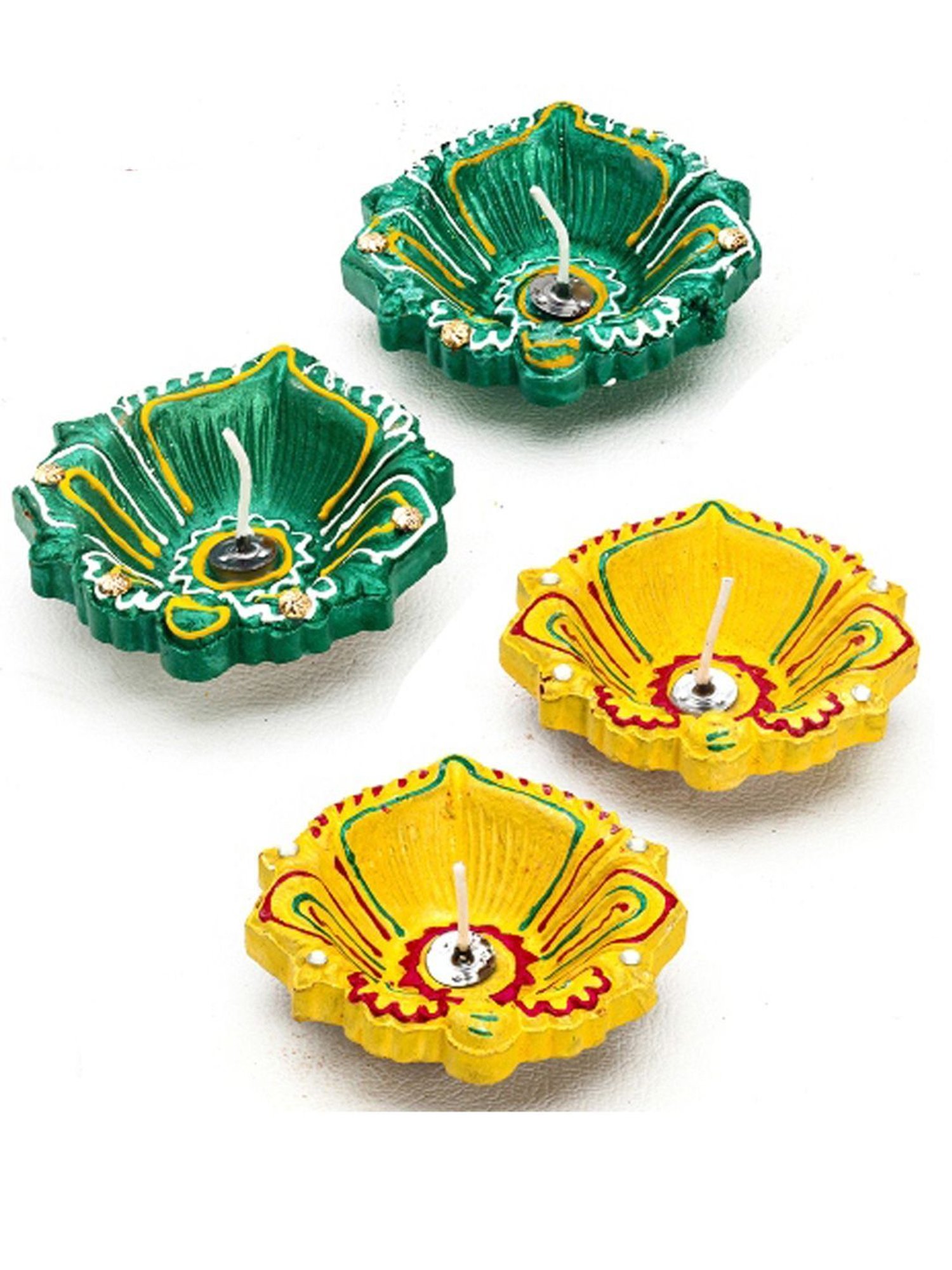 Aapno Rajasthan Green & Yellow Terracotta Decorated Handcrafted Diya - Set of 4