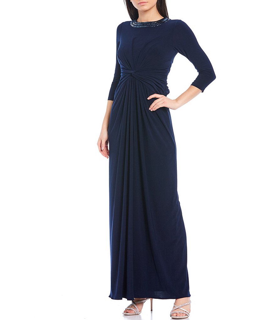 Adrianna Papell Beaded Round Neck 3/4 Sleeve Twist Front Jersey Gown