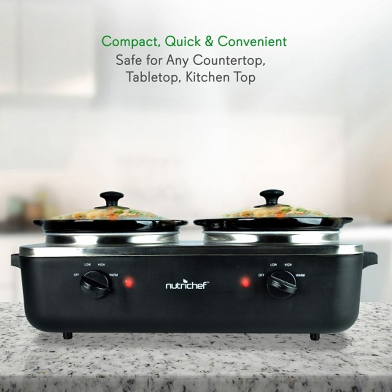 NutriChef Portable Dual Pot 5.3 Quart Electric Slow Cooker Buffet Food Warmer Chafing Dish with Glass Lids and Individual Temperature Control (2 Pack)