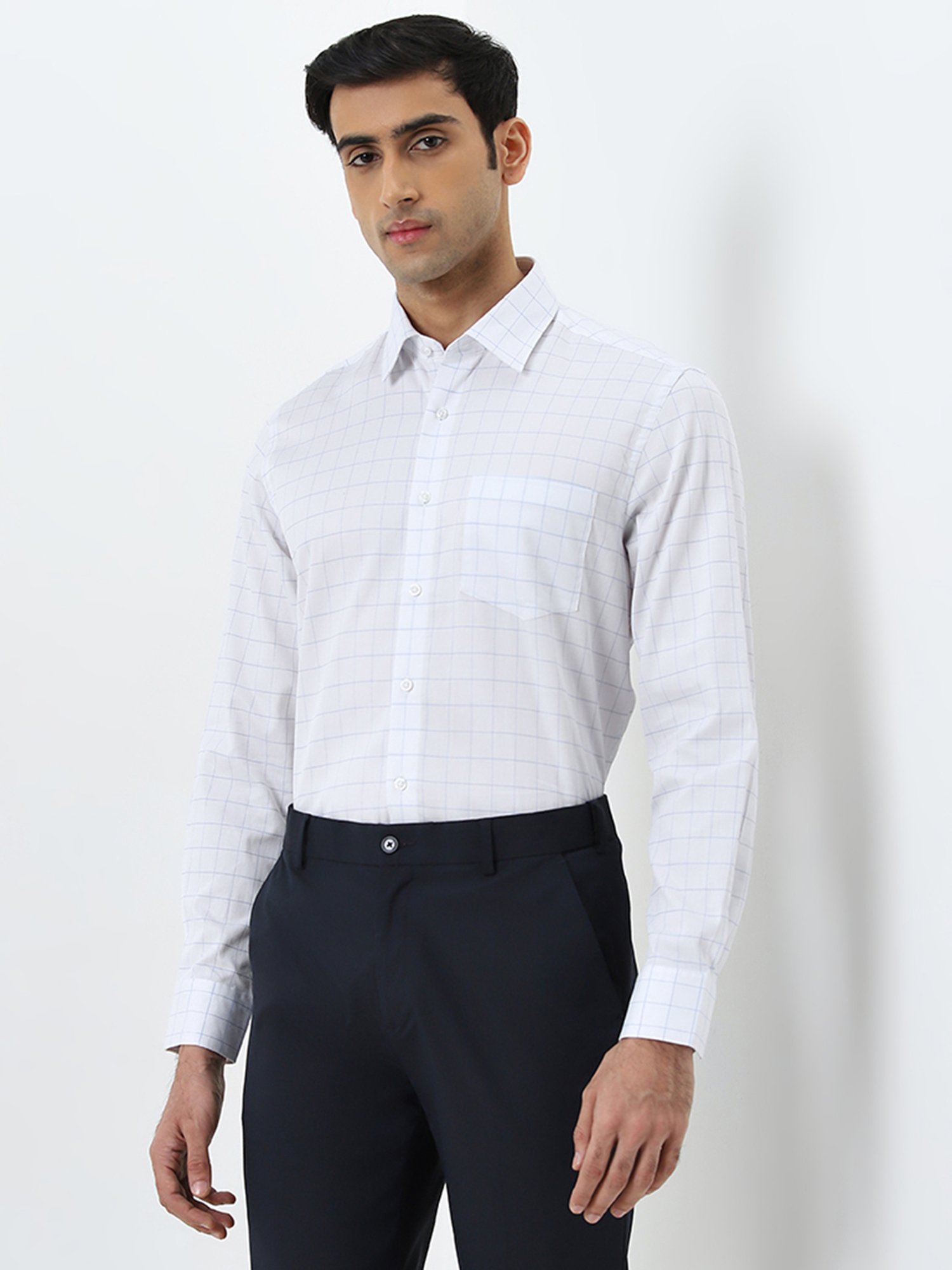 WES Formals by Westside Light Blue Checkered Slim-Fit Cotton Shirt
