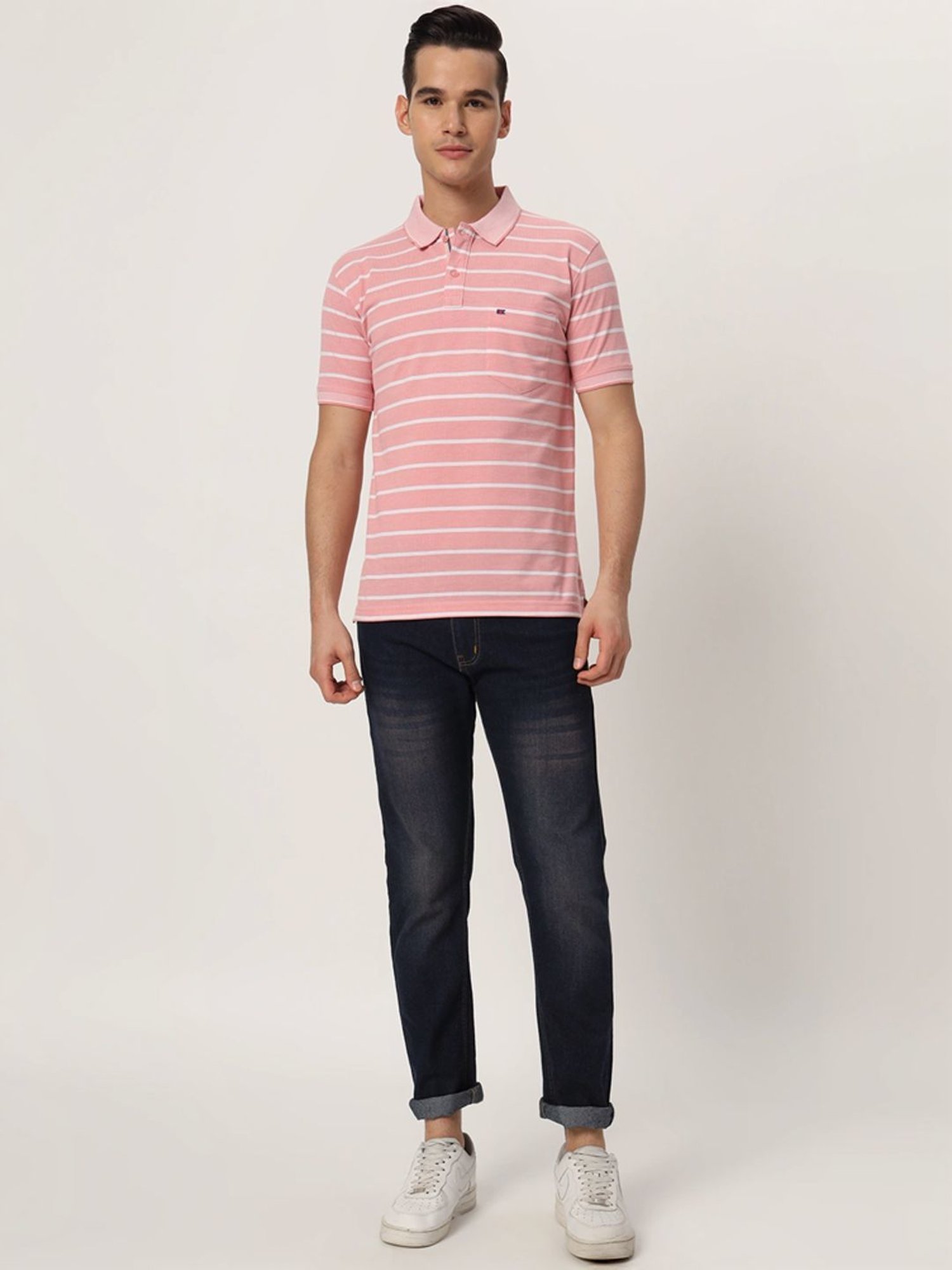 Tab91 Pink Regular Fit Striped Polo T-Shirts