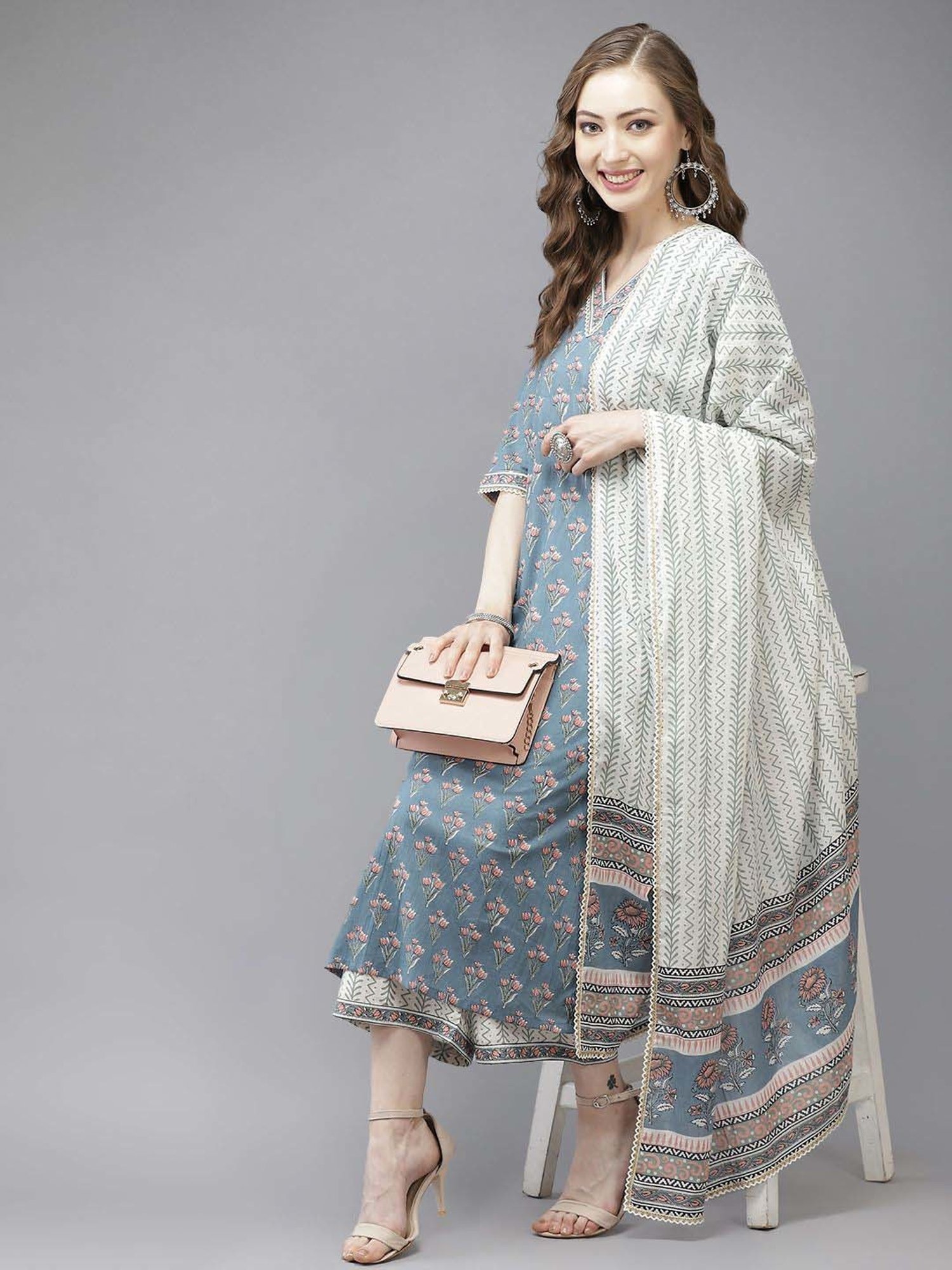 Libas Blue & White Cotton Printed Kurta Palazzo Set With Dupatta