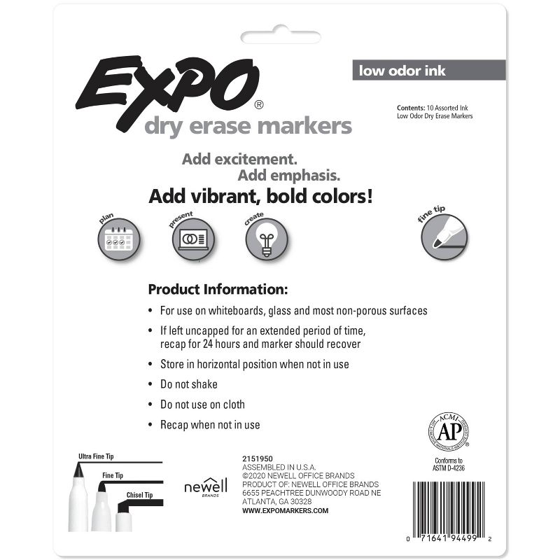 10pk Expo Fine Tip Dry Erase Markers Low Odor Multicolor Ink