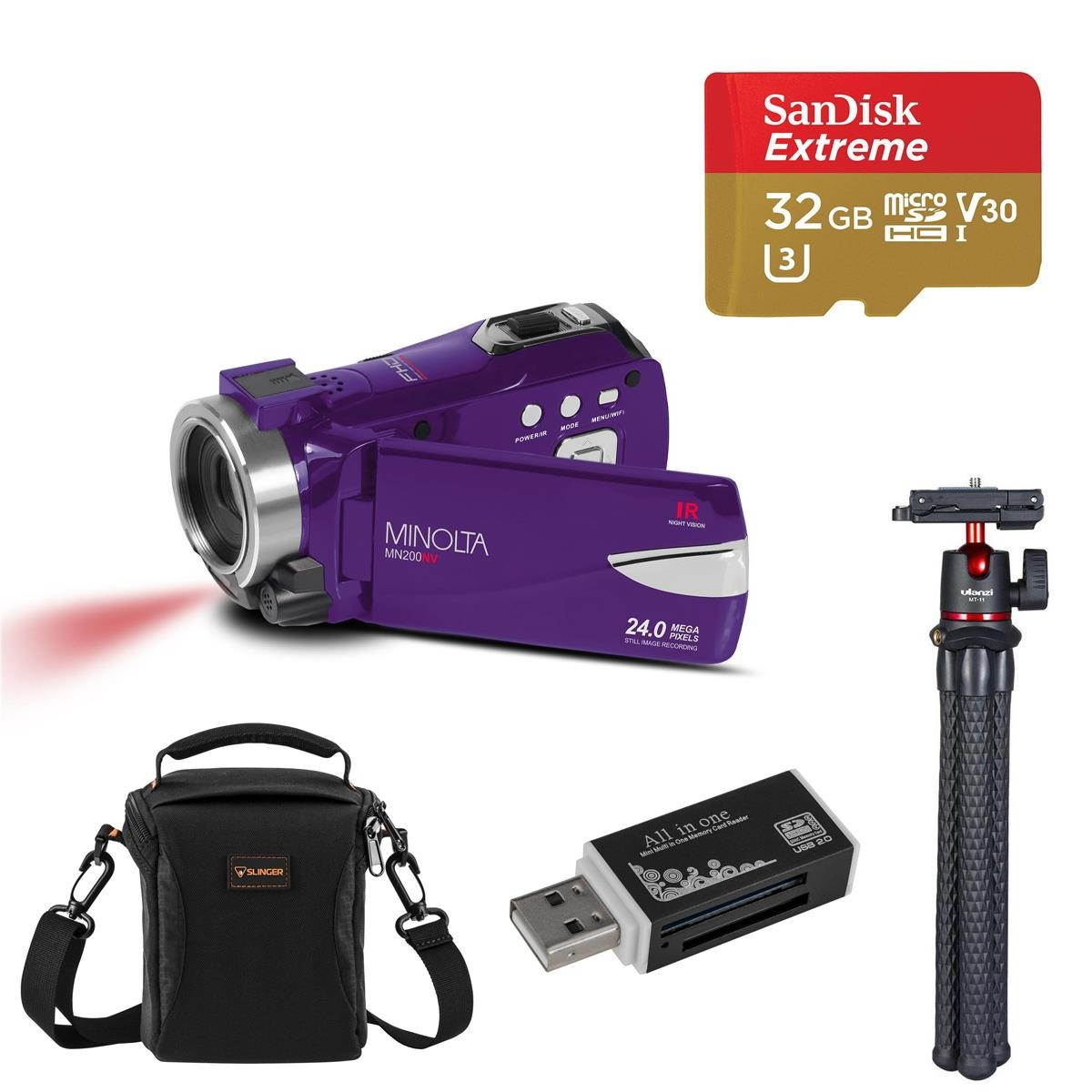 Minolta MN200NV 24MP HD Night Vision Camcorder, Purple with Accessories Kit