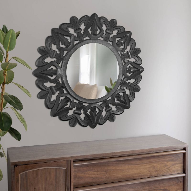 Hand Carved Wood Medallion Sunburst Accent Mirror Black - Crystal Art Gallery