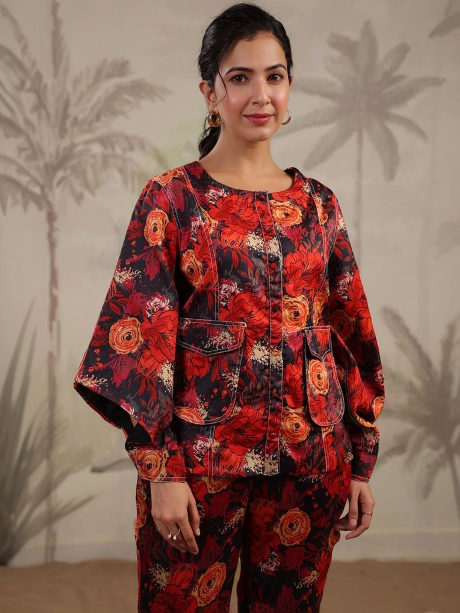 SCAKHI Black & Red Floral Print Top Pant Set