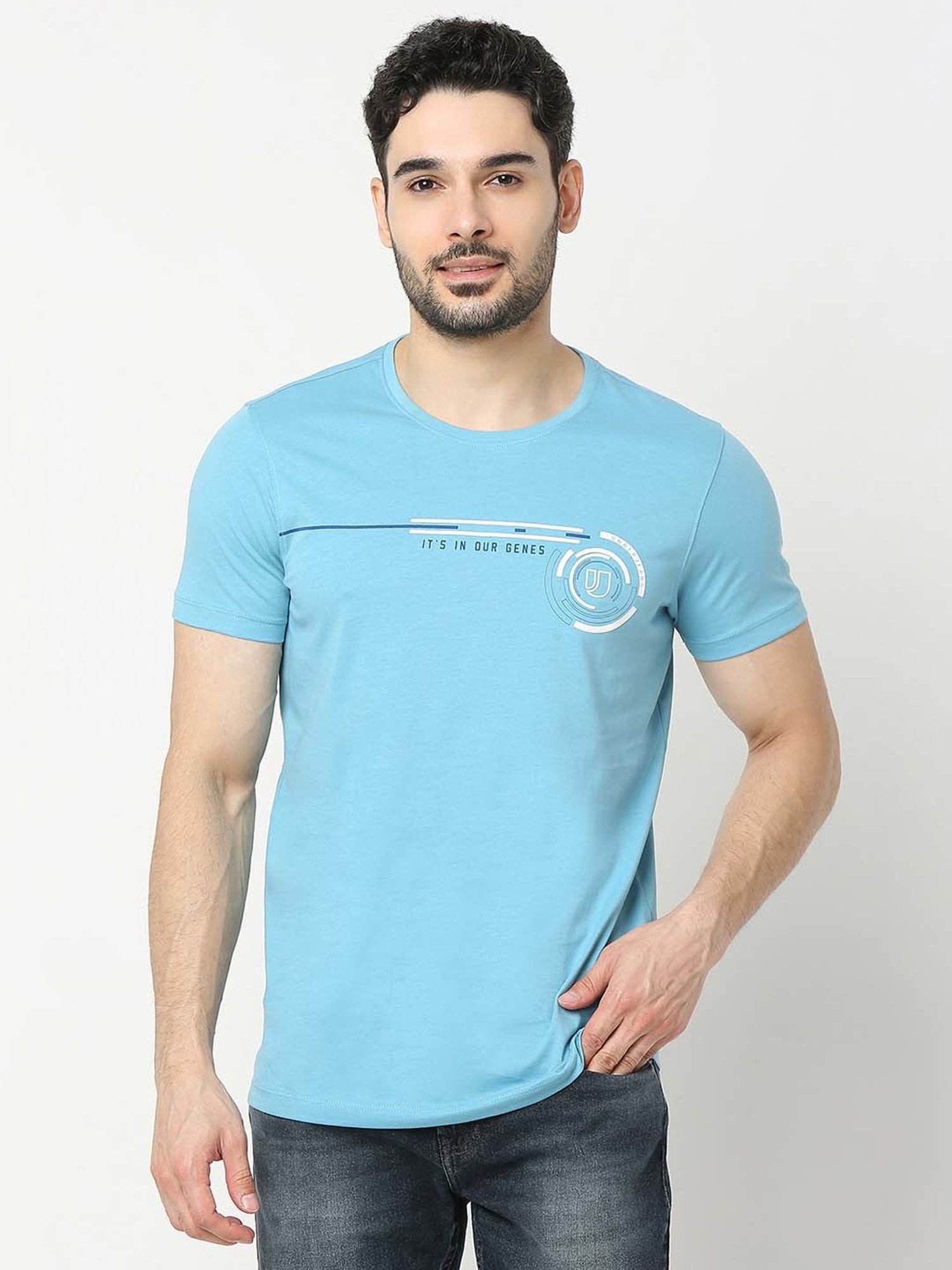 UnderJeans by Spykar Blue Regular Fit Printed Cotton Crew T-Shirt