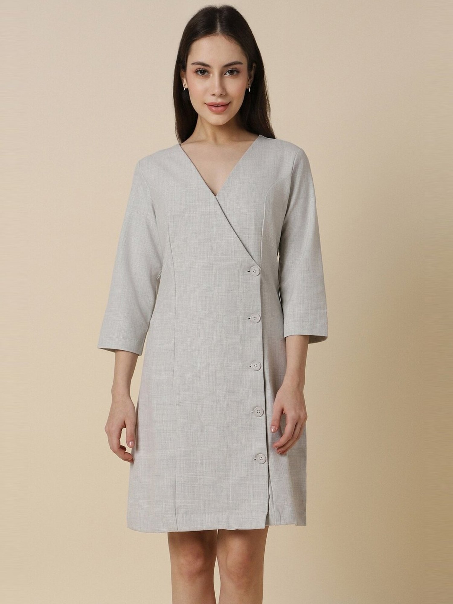 Allen Solly Grey Chequered Shift Formal Dress