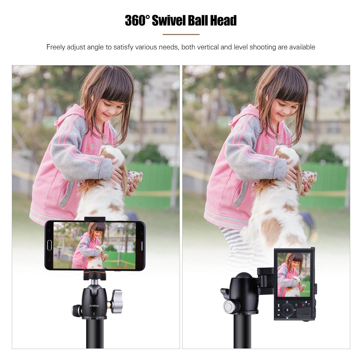 Camera Tripod Ball Head 360&deg; Swivel Panorama ballhead Rotating with Integrated Phone Clamp 1/4 Screw Universal 3/8 Mounting