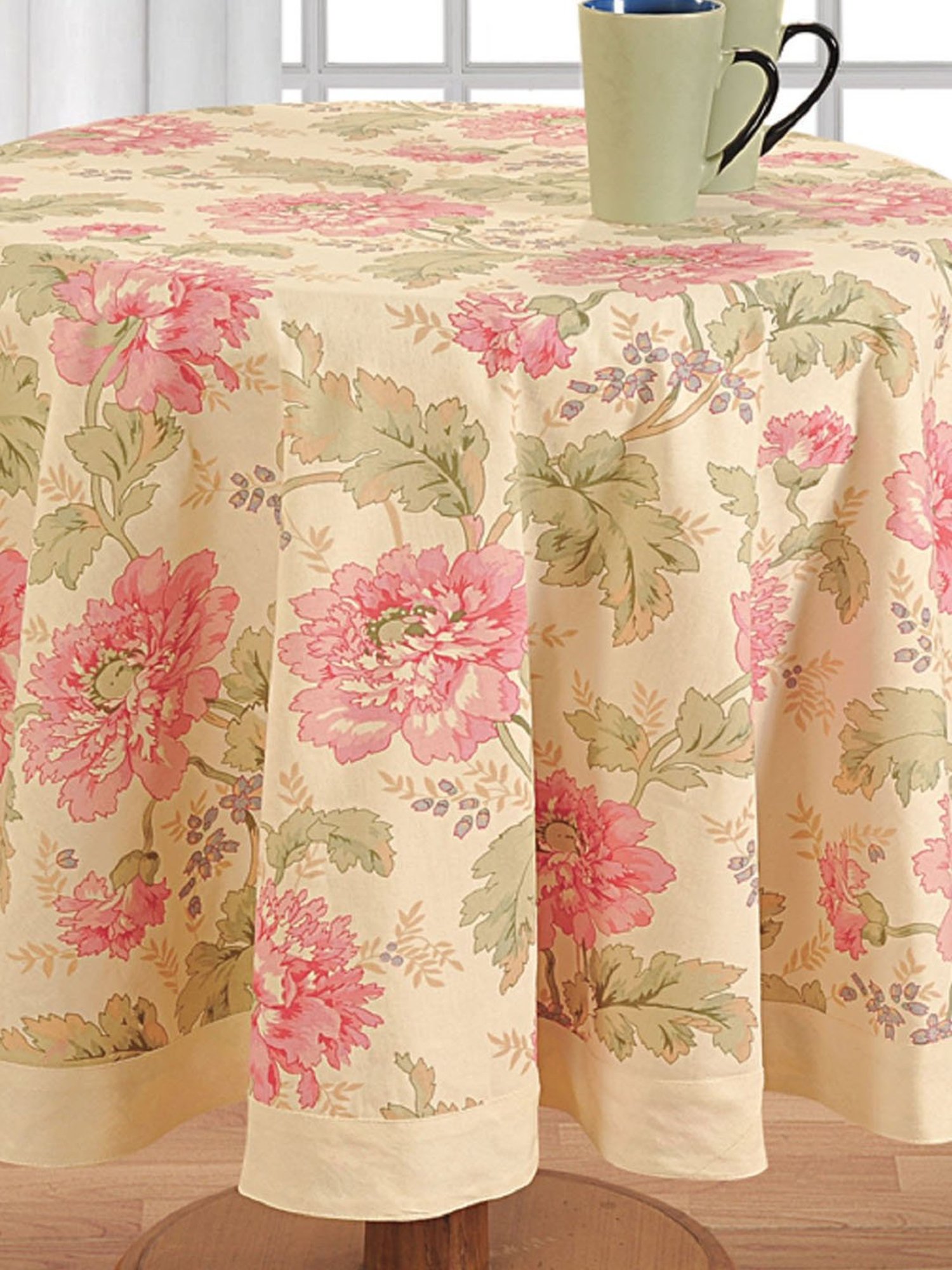 Swayam Beige & Pink 4 seater Cotton 200 TC Round Table Cover  - Set of 1