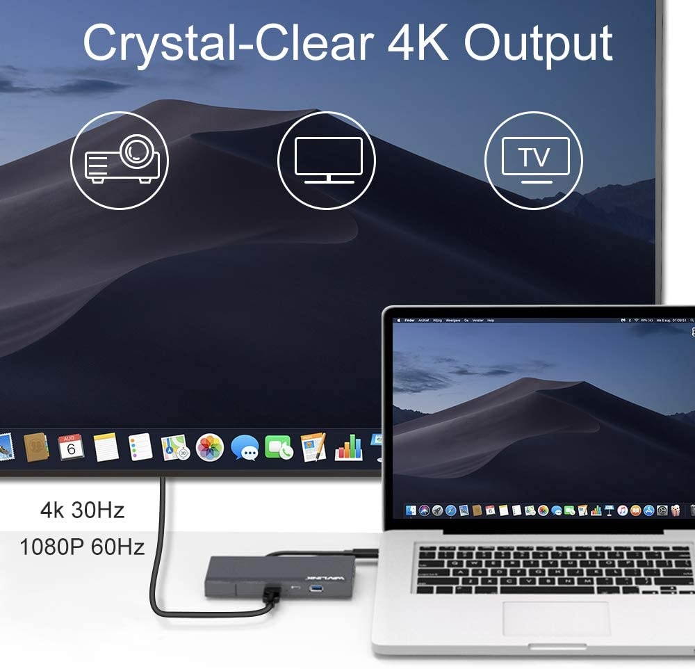 USB C HUB Wavlink USB-C to HDMI 4K@30Hz Adapter with Gigabit Ethernet USB 3.0 Port SD Card Reader 100W PD3.0 Charging for iPad Pro/MacBook Pro 2016+/MacBook Air 2018+ and Type C Devices