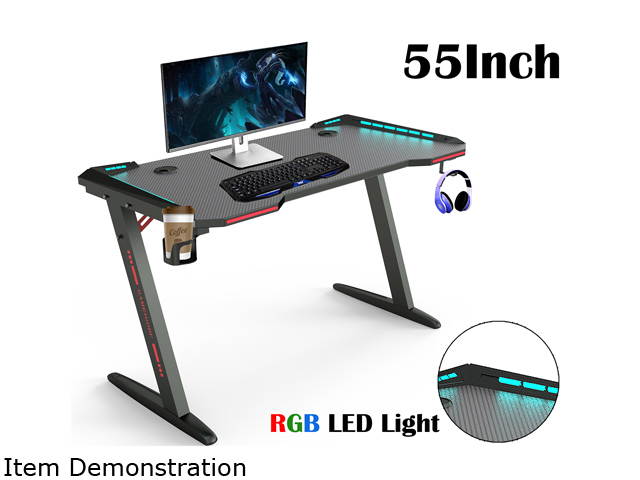 Gaming Desk, 55 Inch Gaming Table, PC Computer Workstation with LED RGB Lights, Headphone Hook and Cup Holder for Home, Black