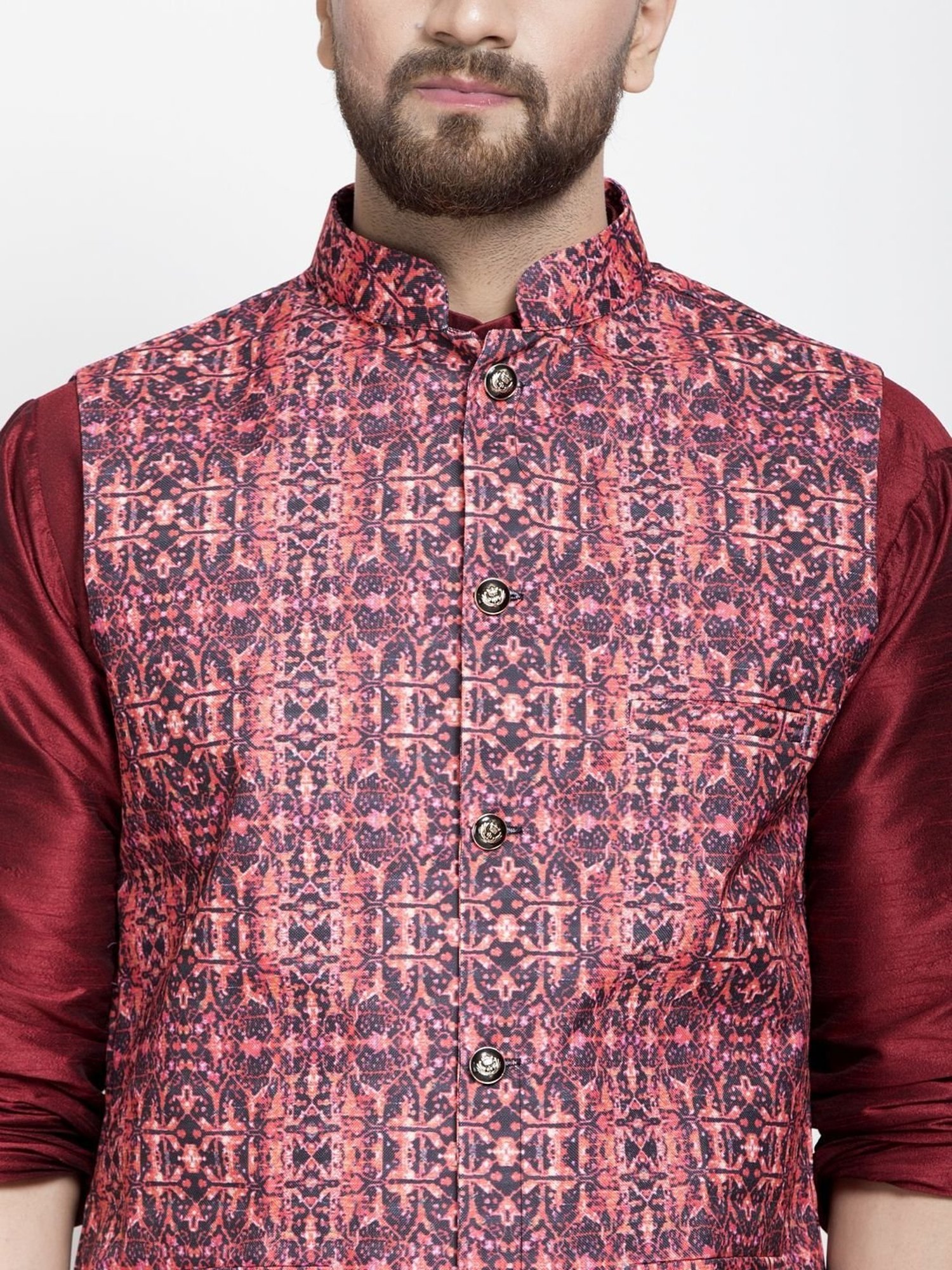 Benstoke Maroon & Coral Regular Fit Printed Kurta Set With Jacket