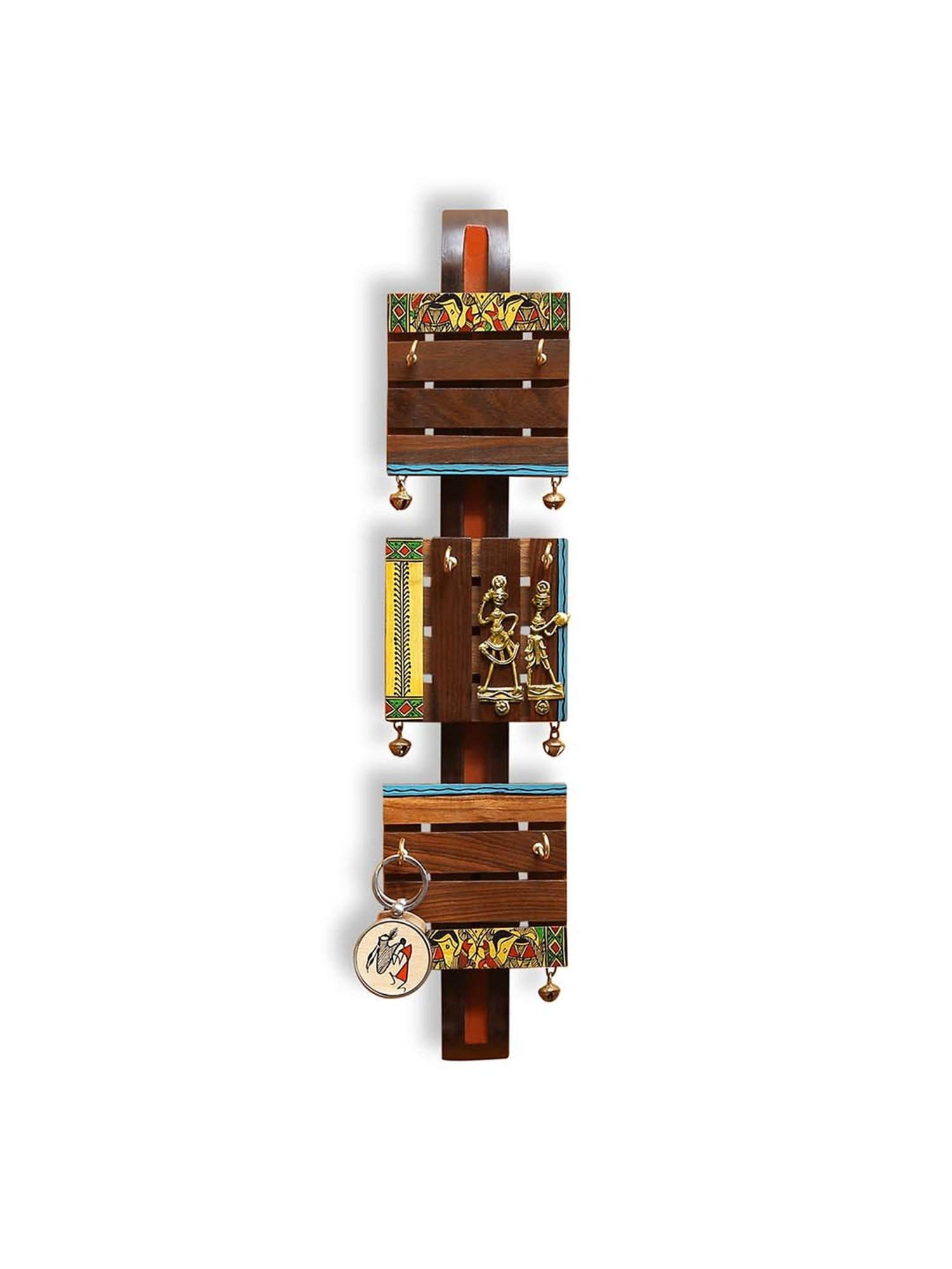 ExclusiveLane Madhubani Hand-Painted Dhokra Key Holder In Sheesham & Teak Wood (6 Hooks)