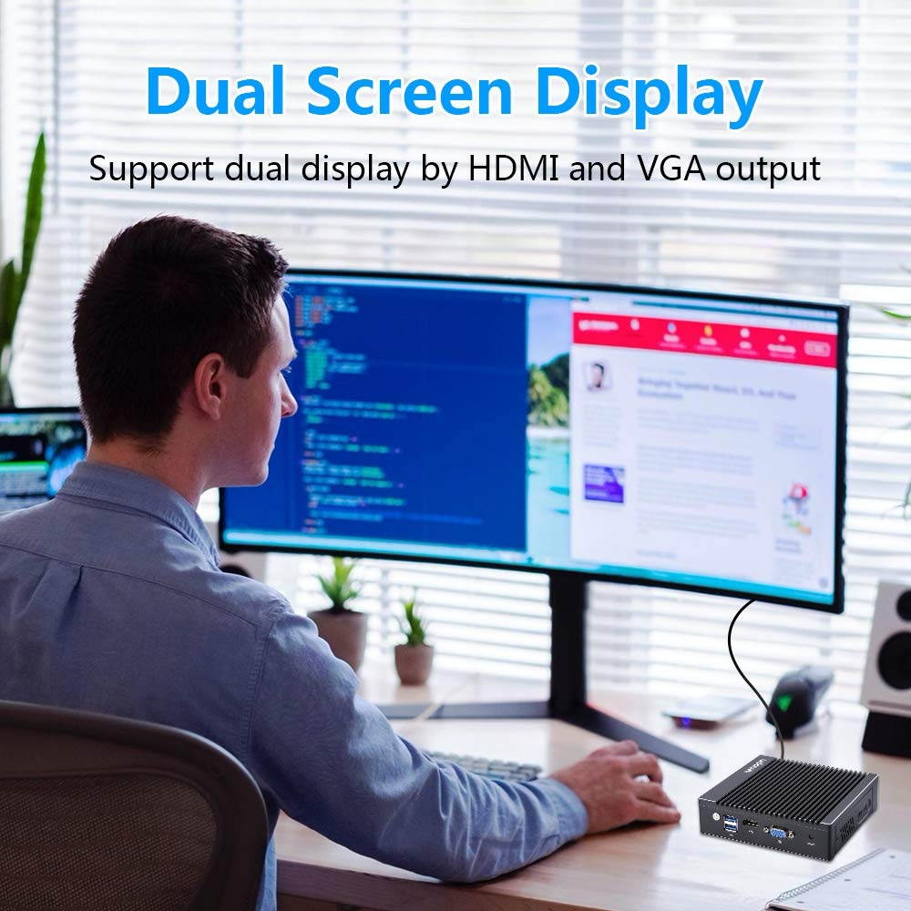 Vnopn Fanless Mini PC Intel Celeron N2940 Quad-core Small Computer with Windows 10 Pro License, 8G RAM 128G SSD, 4X Intel Gigabit NIC Firewall/USB 3.0/WiFi/HDMI/VGA, Auto Power on/Wake on LAN
