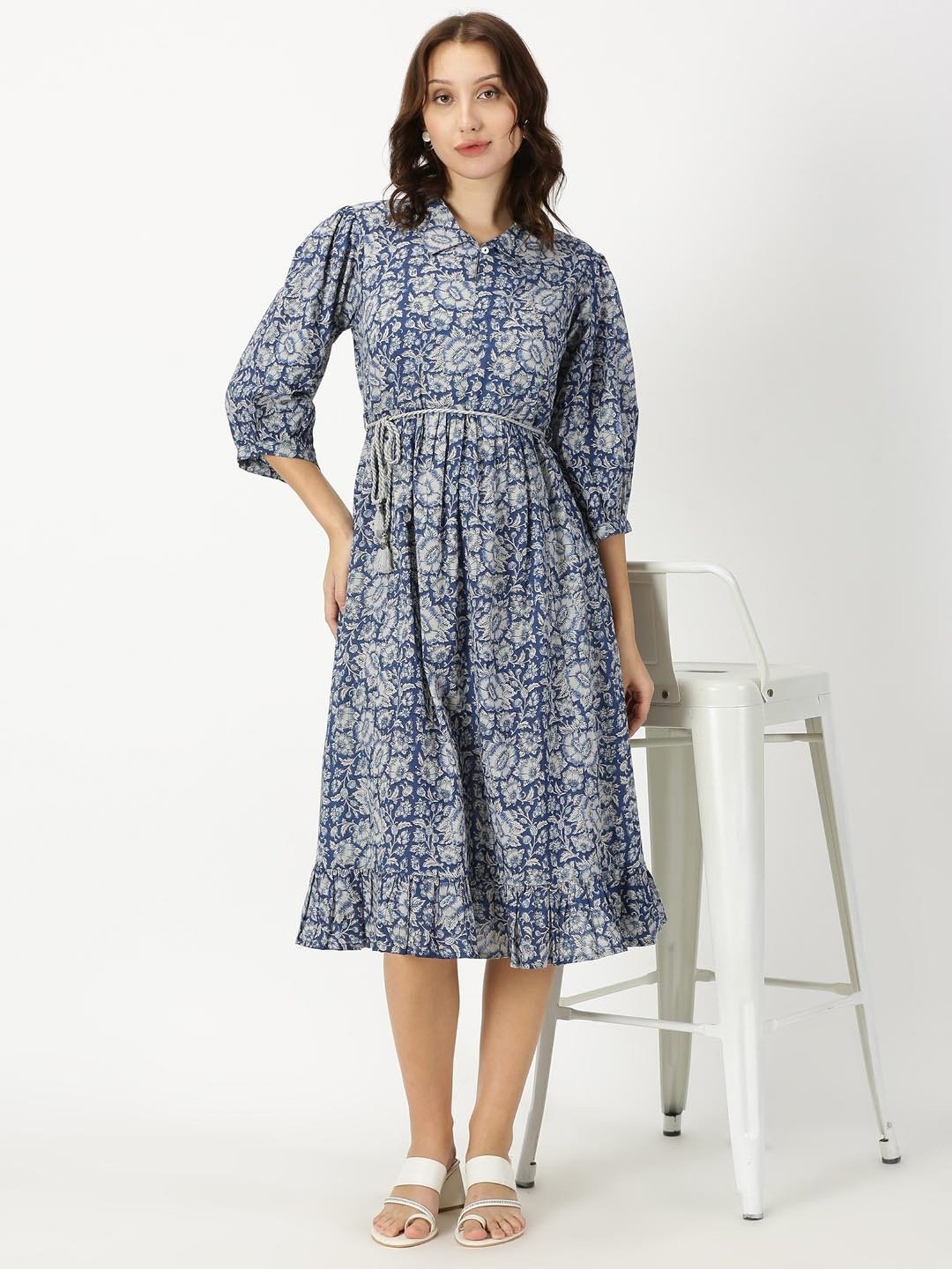 Saffron Threads Blue Cotton Floral Print Ethnic Dress