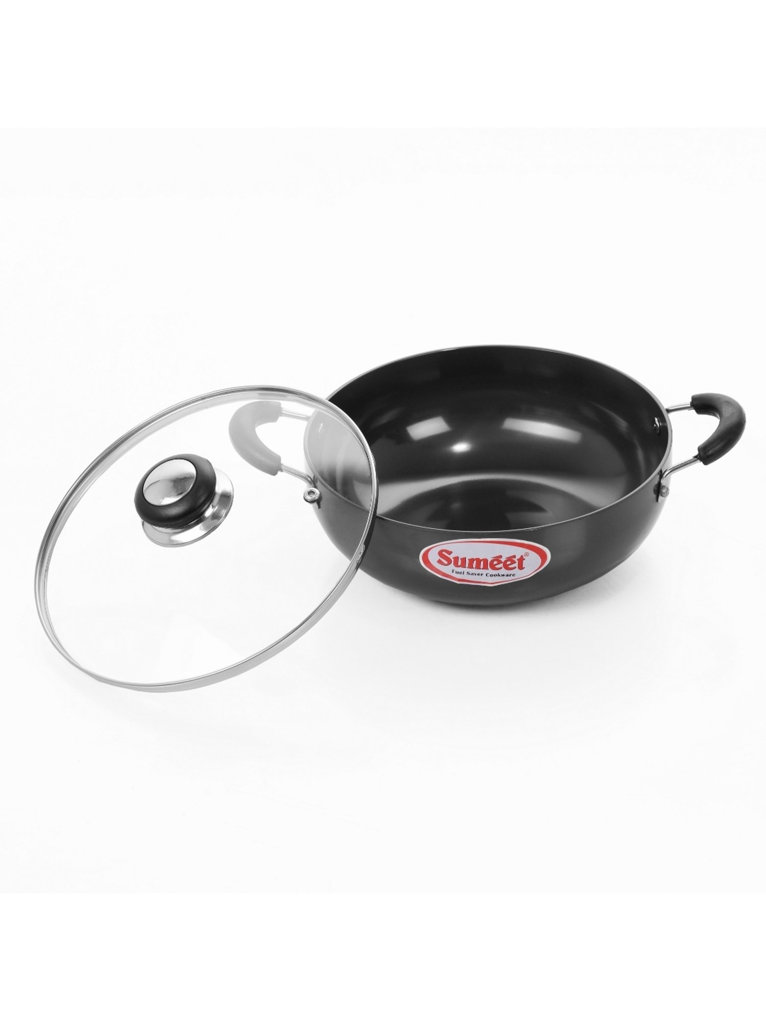 Sumeet 3mm Hardanodised Deep kadhai with Glass Lid Lid. No. - 13  24cm Dia. 2.5 Ltr Capacity