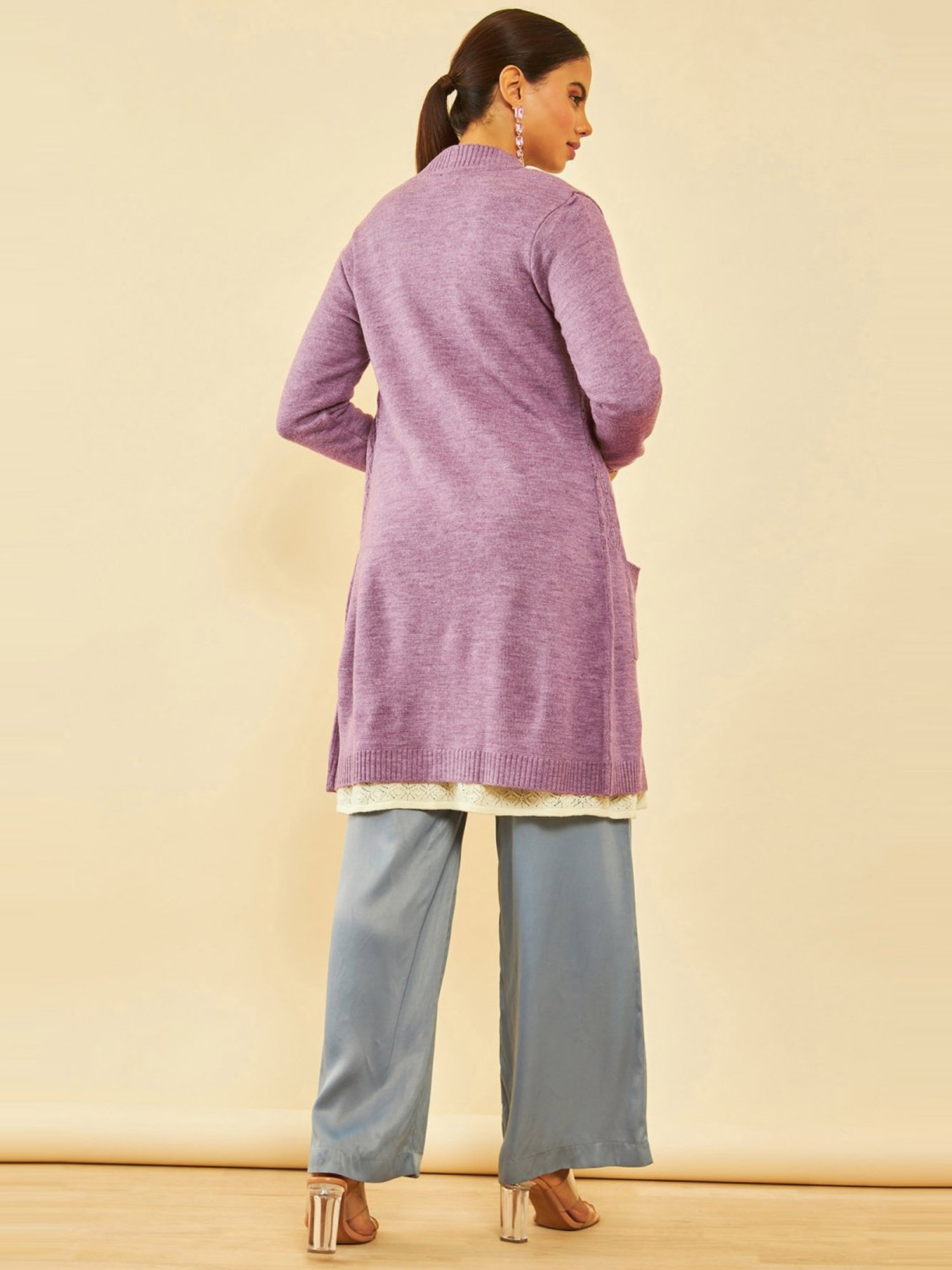 Soch Purple Acrylic Chevron Pattern Knitted Open-Front Longline Shrug