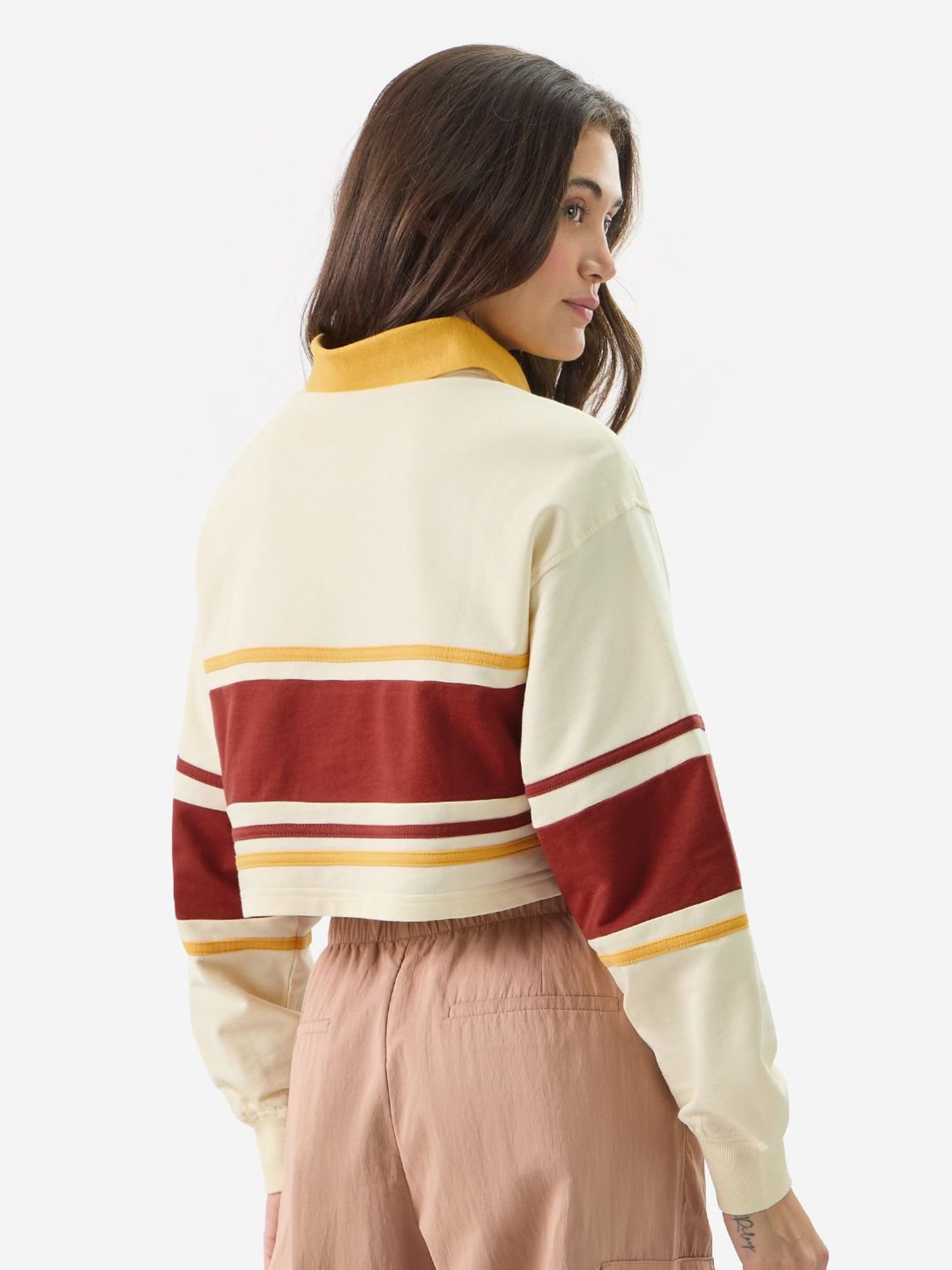 The Souled Store White & Brown Cotton Graphic Print Crop Sweatshirt