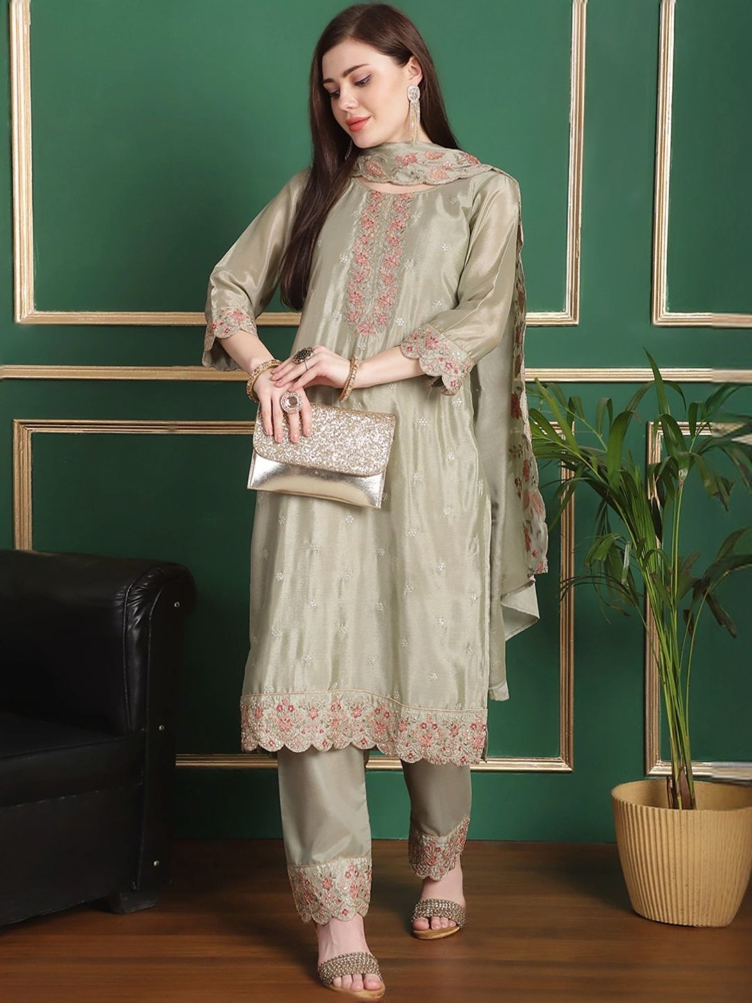 Stylee LIFESTYLE Olive Green Embroidered Unstitched Dress Material