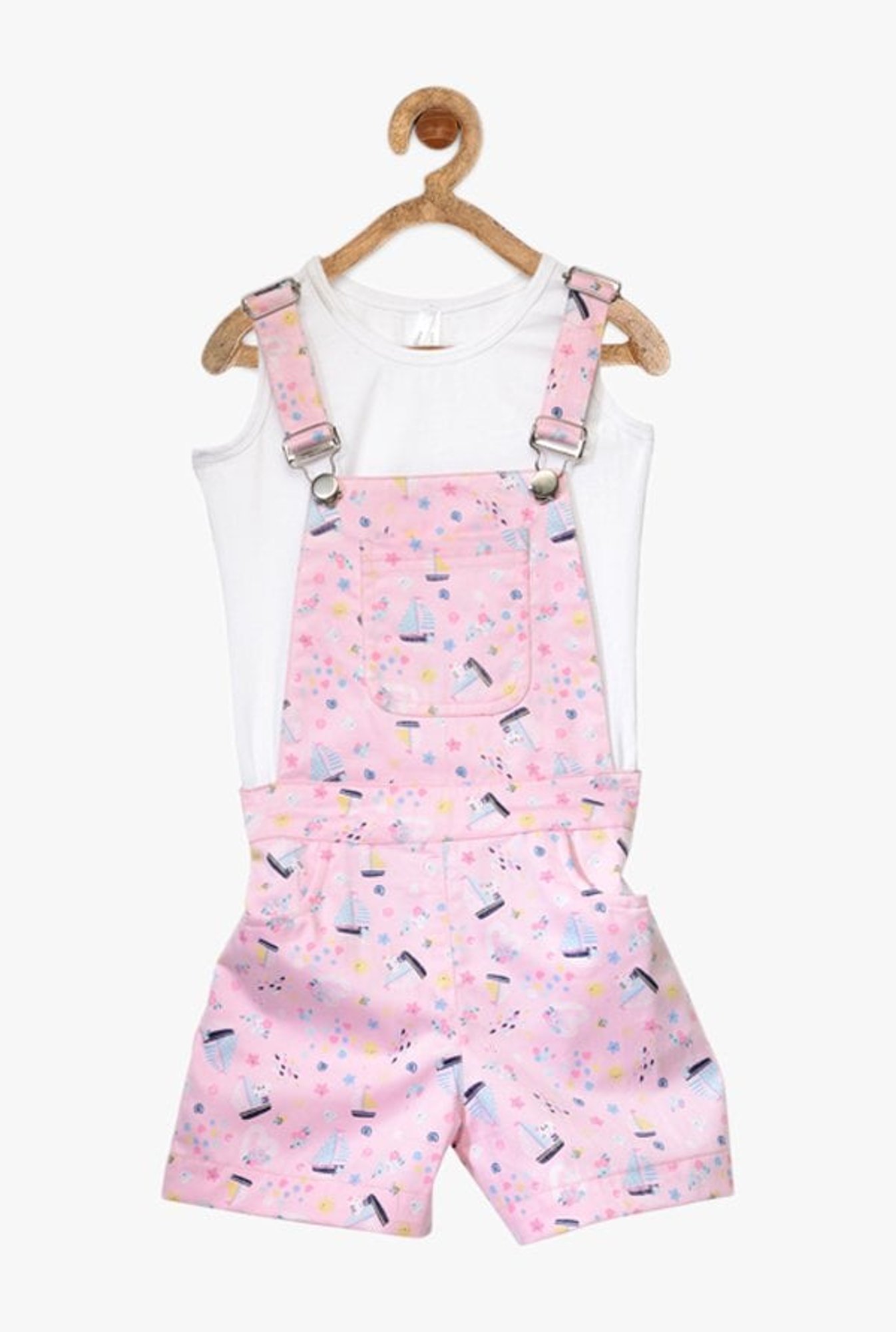 StyleStone Kids Pink & White Printed Dungaree With Inner Top
