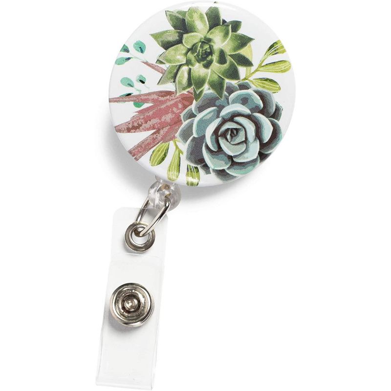 6-Count Retractable Badge Holders with Carabiner Reel Clip for ID/ Name Tag/ Key Card, Green Succulent