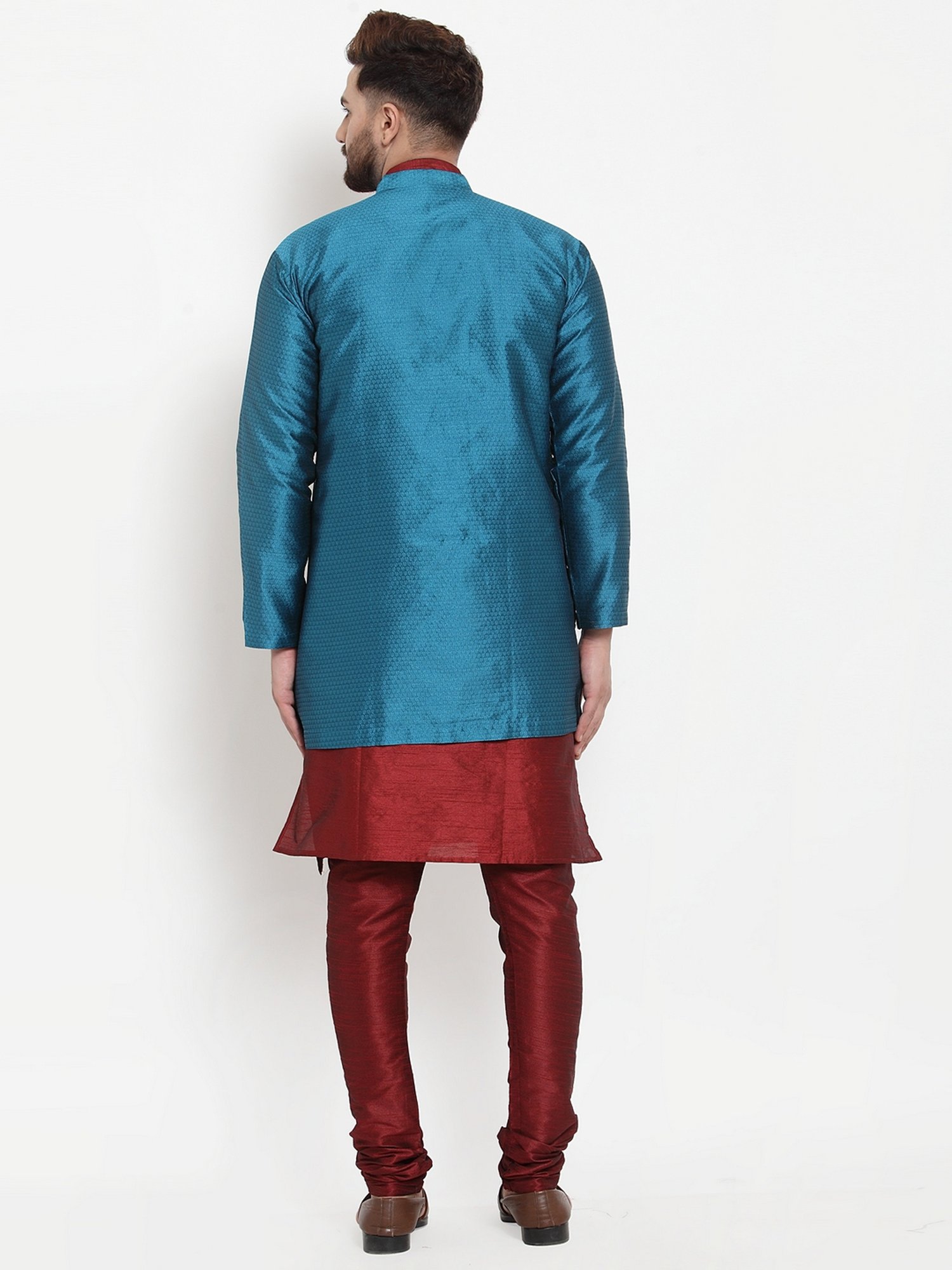 Benstoke Maroon & Peacock Blue Regular Fit Self Pattern Kurta Set With Jacket