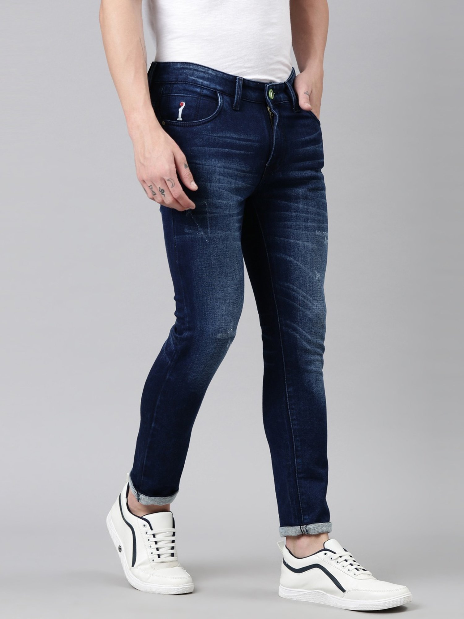 CINOCCI Blue Cotton Slim Fit Distressed Jeans