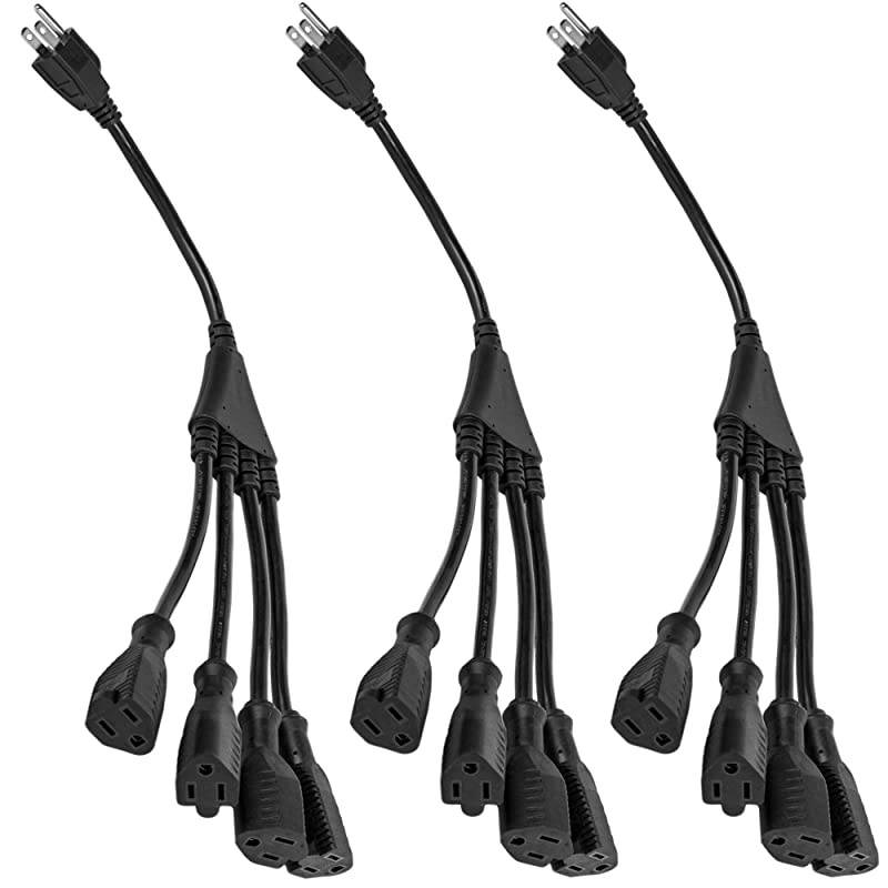 4 Way Power Splitter &ndash; 1 to 4 Cable Strip With 3 Pronged Outlet and 3" to 12" Foot Y Style Extension Cord &ndash; Black - SJT 16 AWG &ndash; By  (3 Pack, 3' Extension Cord)