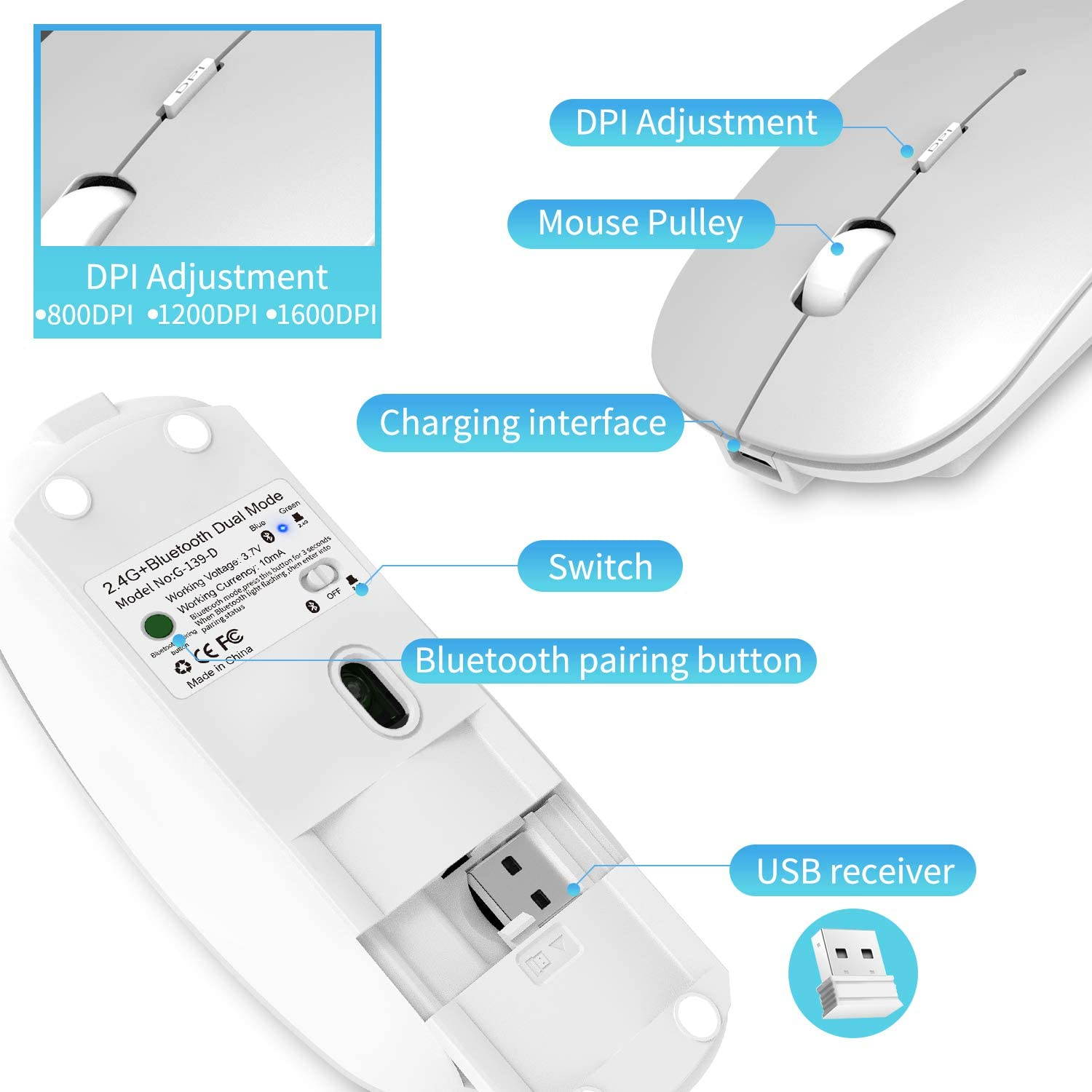 2.4GHz Wireless Bluetooth Mouse, 3 Adjustable DPI, Dual Mode Slim Rechargeable Wireless Mouse Silent USB Mice,Compatible for Laptop Windows Mac Android MAC PC Computer (Silver)