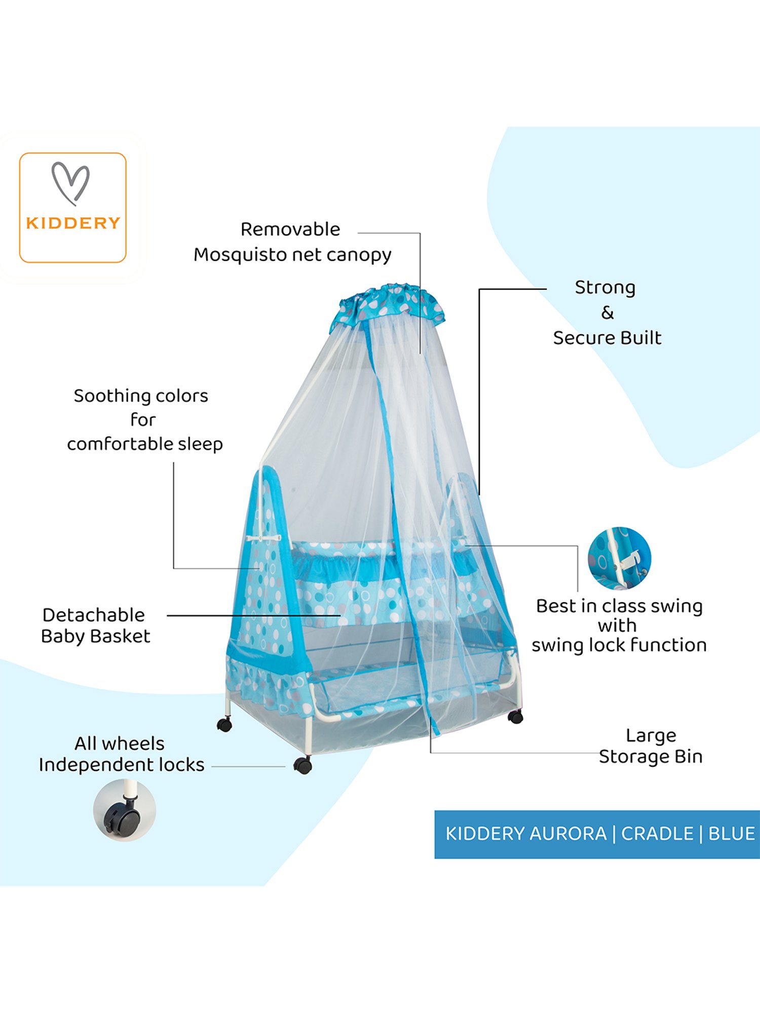 Kiddery Blue Baby Cradle with Mosquito Protection Net (Age 0-8 Months)