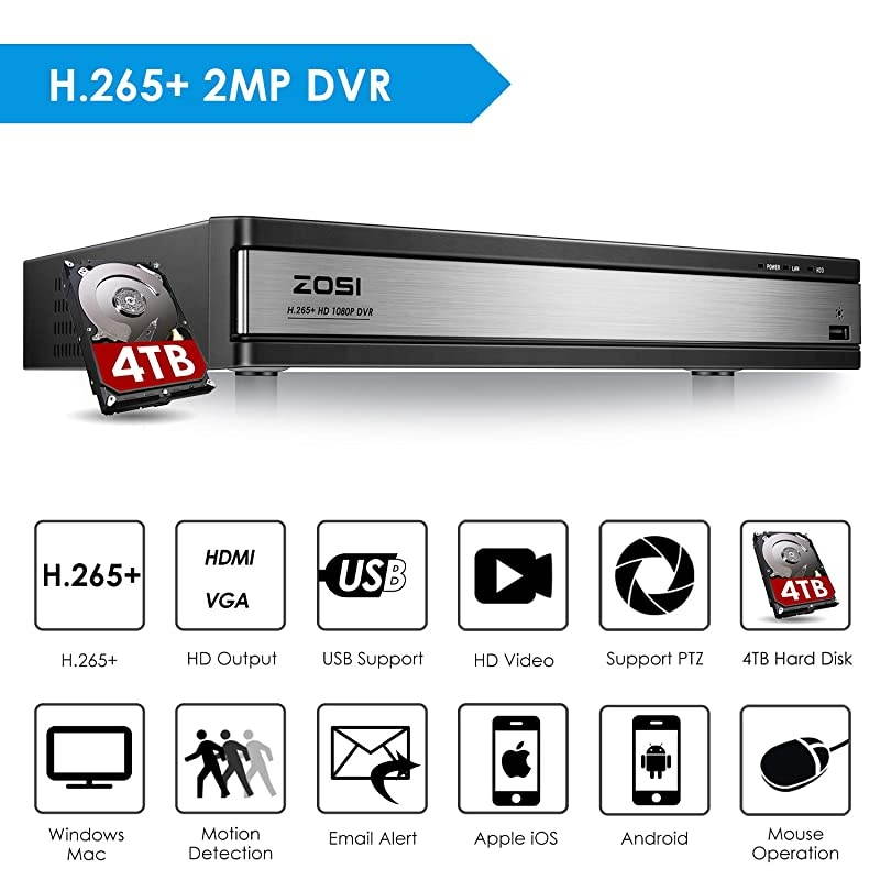 H.265+ 1080p 16 Channel Security Camera System,16 Channel CCTV DVR with Hard Drive 4TB and 12 x 1080p Indoor Outdoor Dome Camera, 80ft Night Vision, 105&deg; View Angle, Remote Control, Alert Push