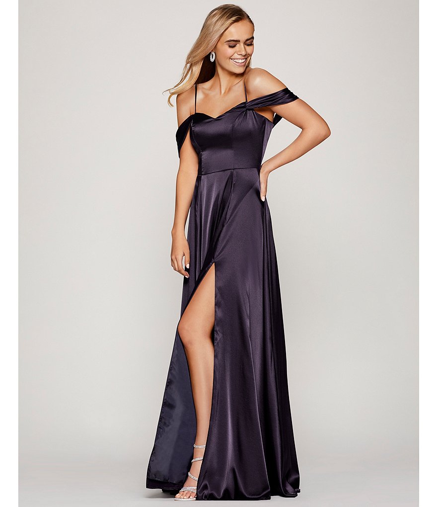 Sequin Hearts Off-The-Shoulder Satin Lace-Up-Back Side Slit Long Dress