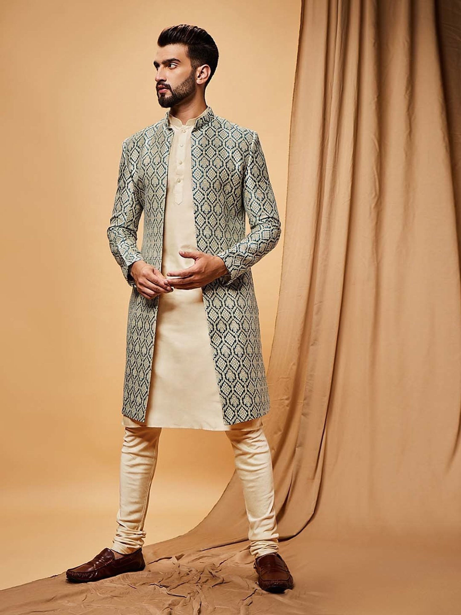 Hangup Plus Beige & Black Regular Fit Printed Sherwani Set