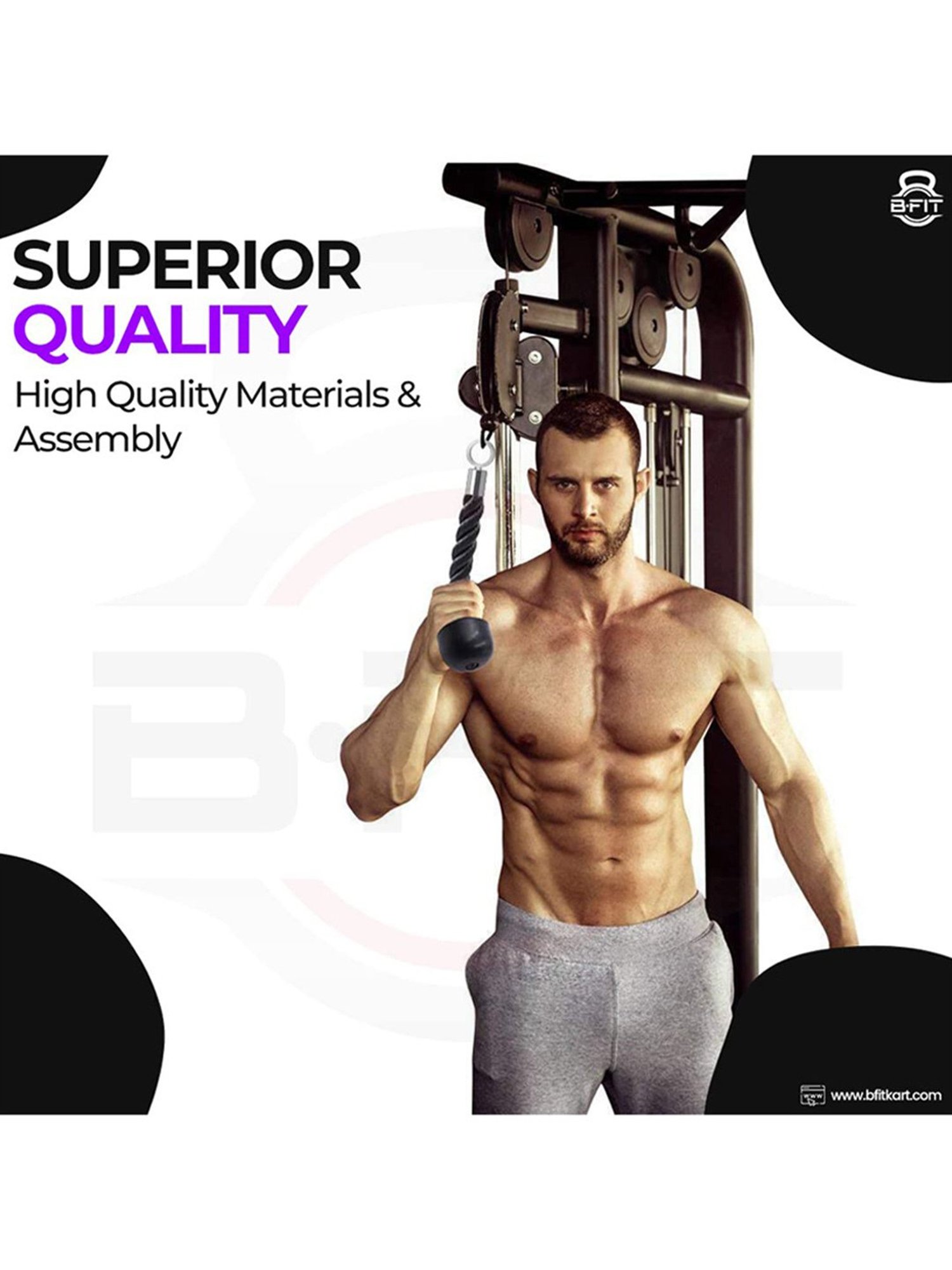 B Fit GH7149 Nylon 14.5" Single Grip Pull Down Bicep Cable Attachment Exercises Tricep Rope (Black)