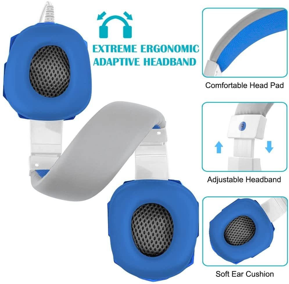 Gaming Headset for Laptop Computer, Cellphone, PS4 and so on, maxin 3.5mm Wired Noise Isolation Gaming Headphones with Mic and LED Light- Volume Control.(White and Blue)