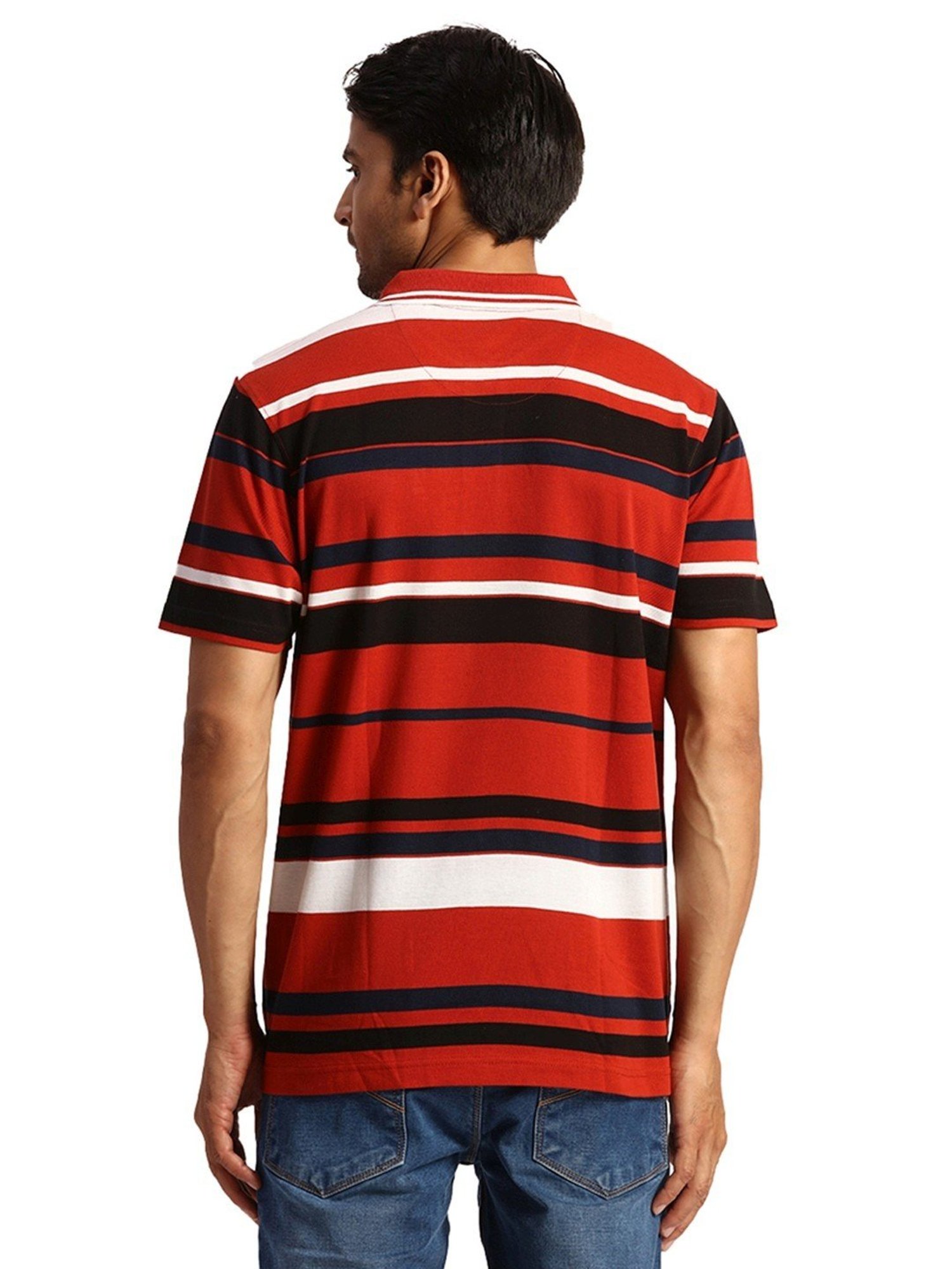 ColorPlus Orange Cotton Classic Fit Striped Polo T-Shirt