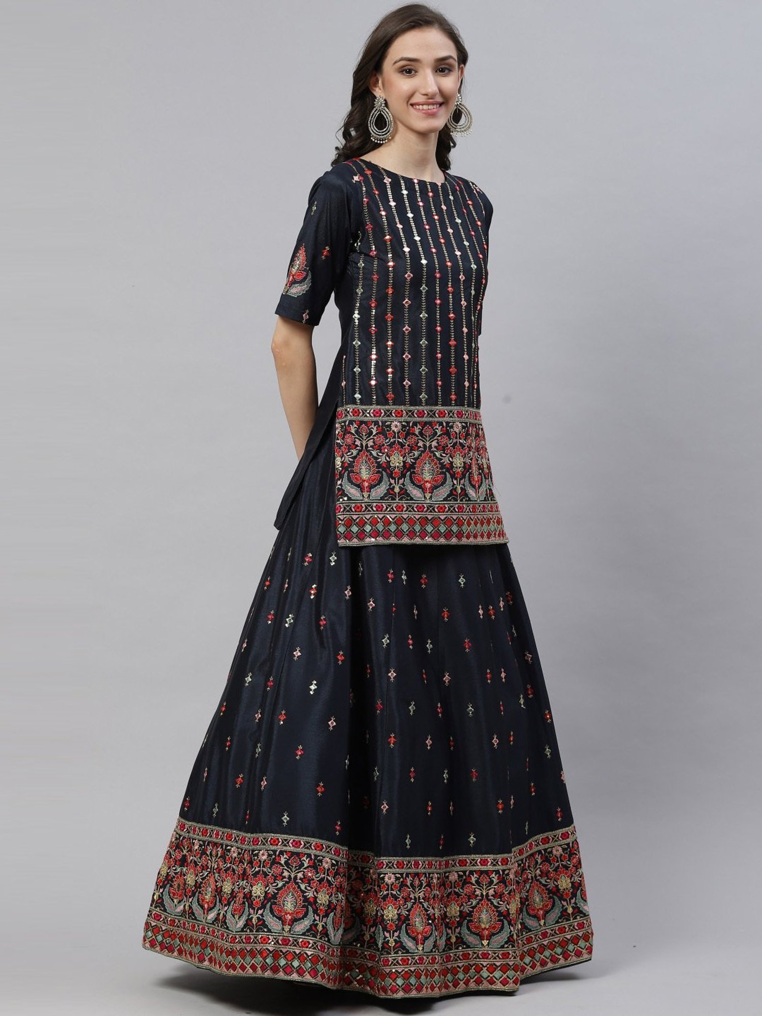 SHUBHKALA Navy & Red Embroidered Lehenga and Choli Set With Dupatta