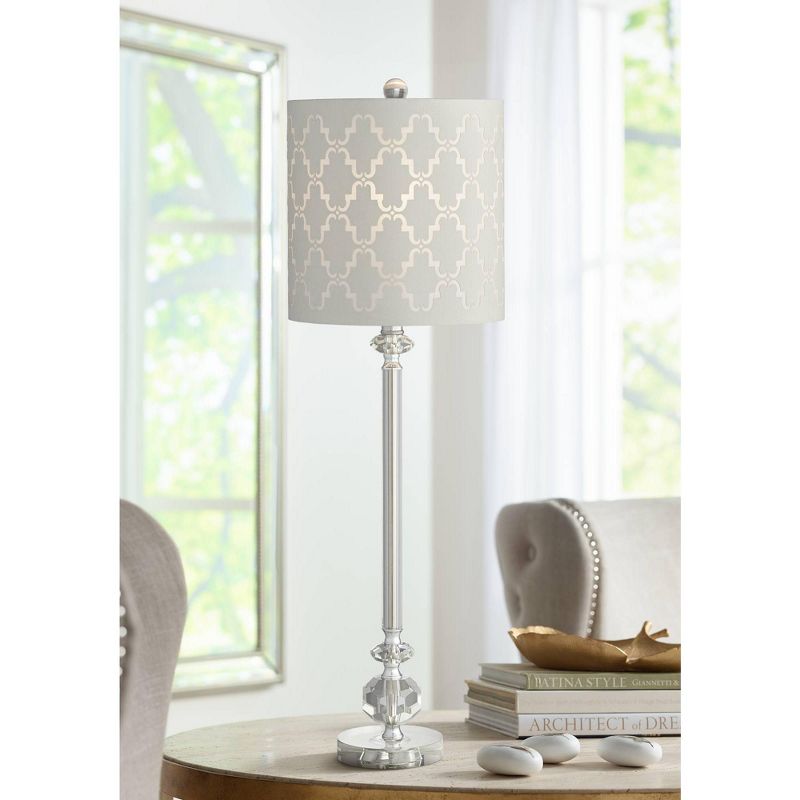 Vienna Full Spectrum Table Lamp Clear Crystal Column Metal Light Gray Fabric Cutout Pattern Shade for Living Room Bedroom Bedside