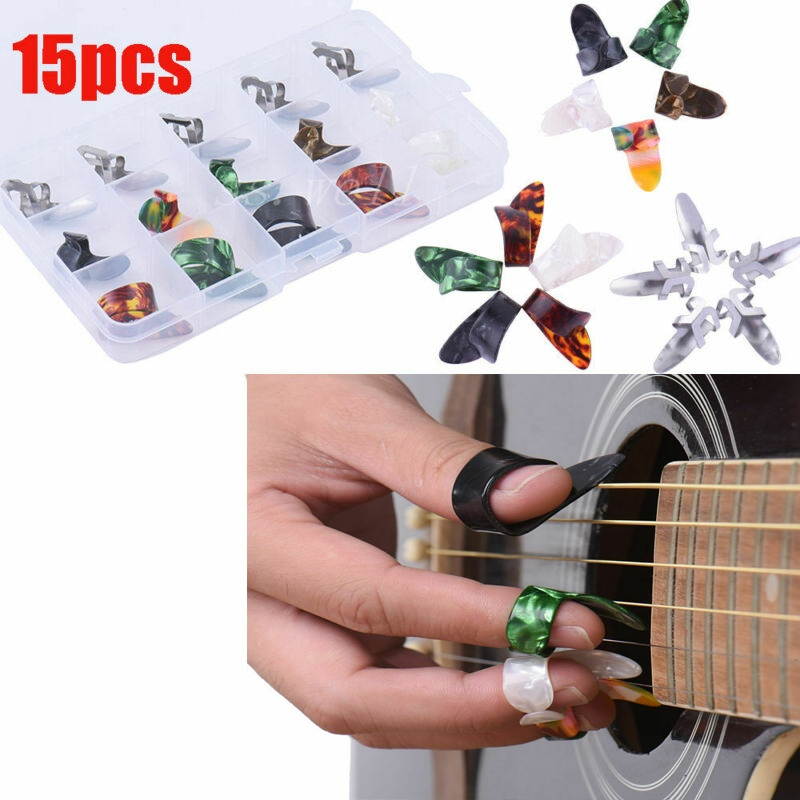 15pcs Stainless Steel Celluloid Thumb Finger Guitar Picks with 15 Grid Case Storage Box
