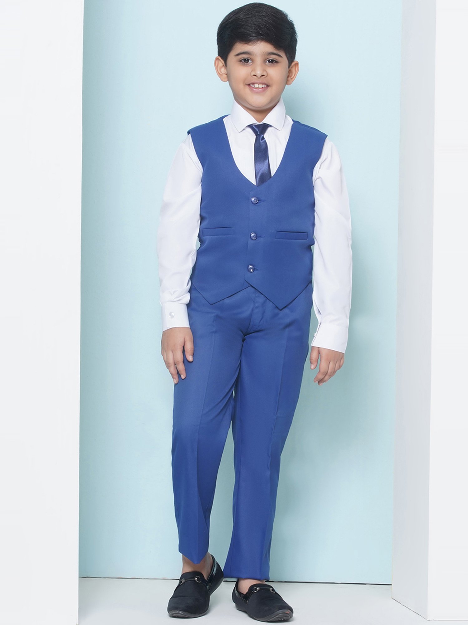 AJ Dezines Kids Blue & White Solid Full Sleeves Shirt, Pants, Coat, Waistcoat with Tie