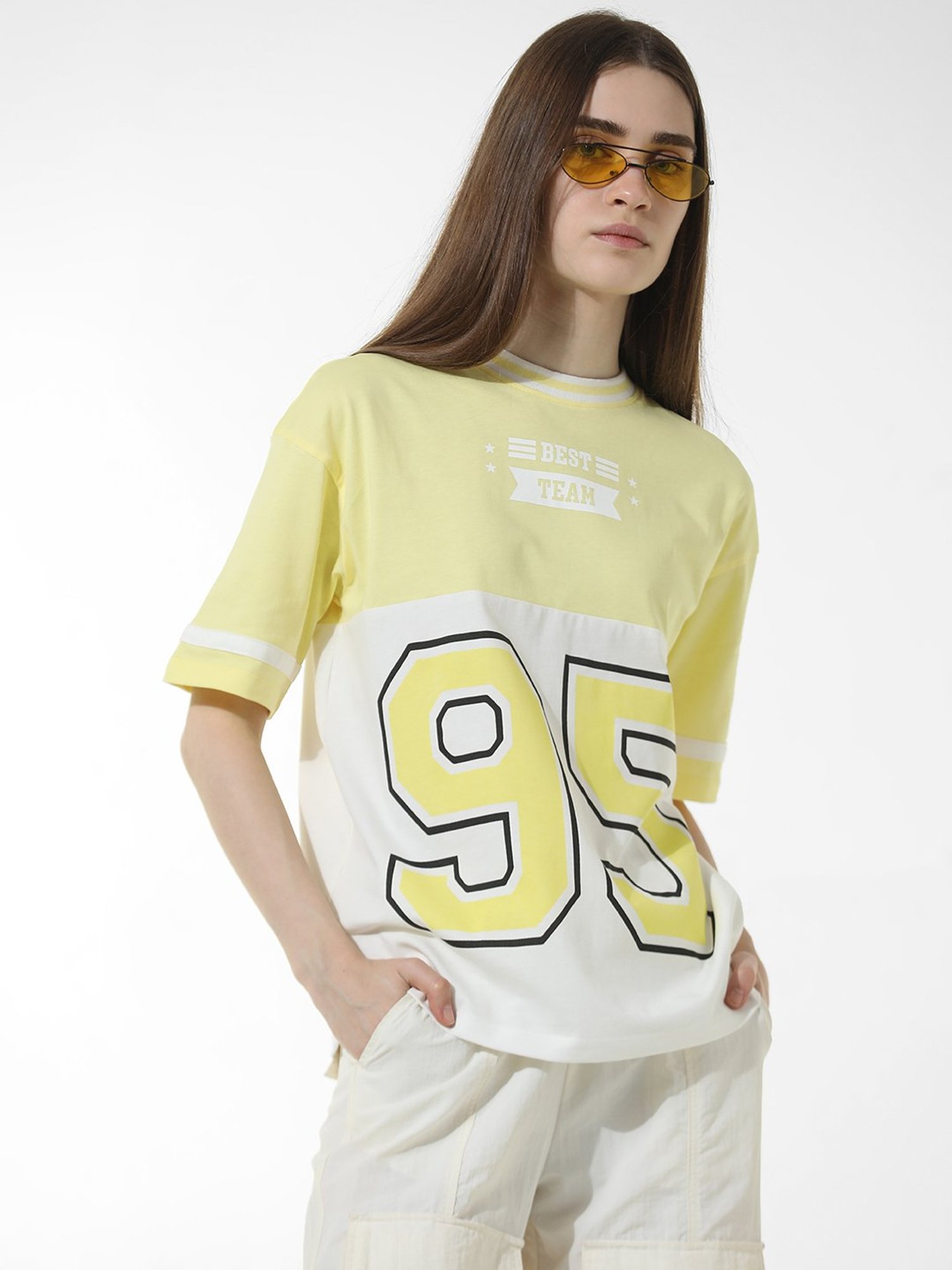 Only Yellow & White Cotton Graphic Print T-Shirt