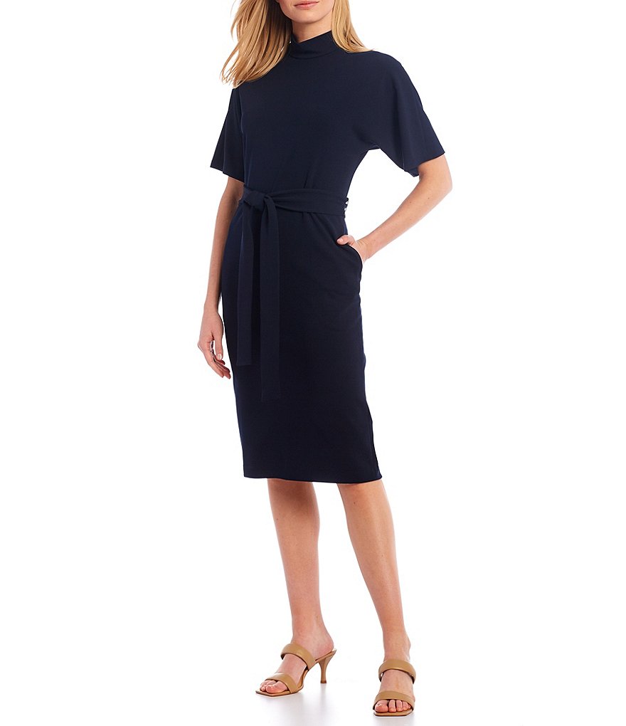 Maggy London Mock Neck Dolman Sleeve Tie Waist Sheath Dress