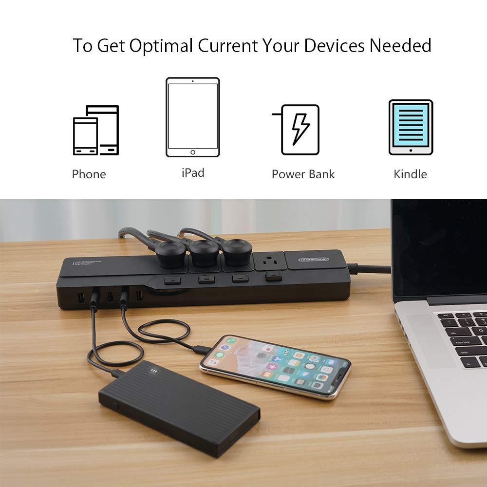 Surge Protector Power Strip with USB, NTONPOWER 4 Outlets 5 USB Desktop Charging Station, Individual Switch Controlled, Flat Plug, Circuit Breaker, 5ft Heavey Duty Extension Cord - Black